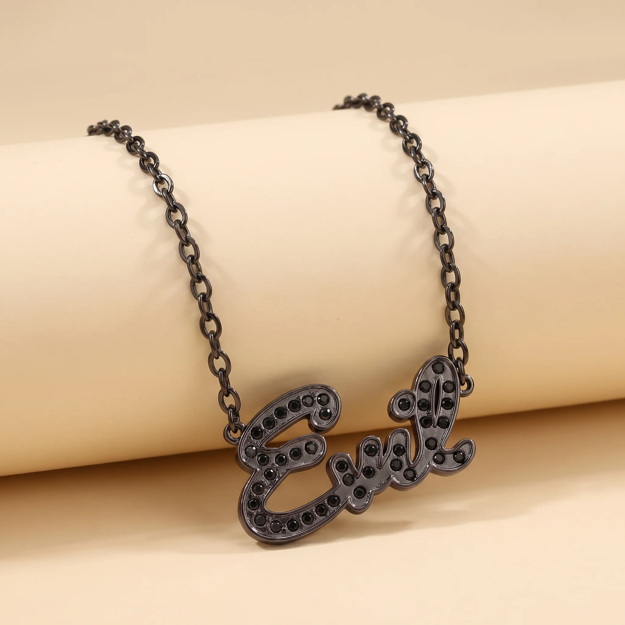 Sourpuss “Evil” Pendant Necklace with Black Rhinestones Gothic Statement Jewelry - Image 4