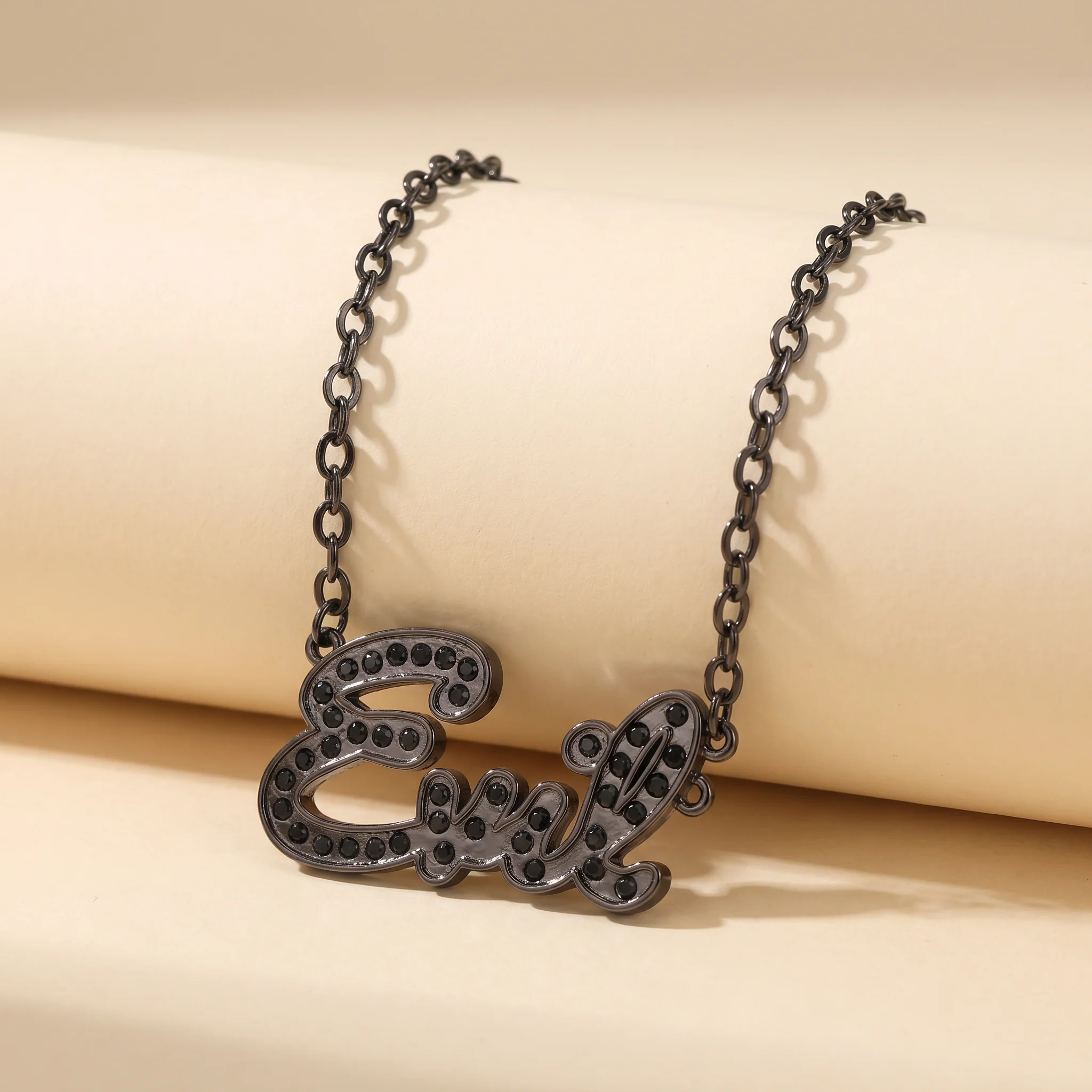 Sourpuss “Evil” Pendant Necklace with Black Rhinestones Gothic Statement Jewelry - Image 5