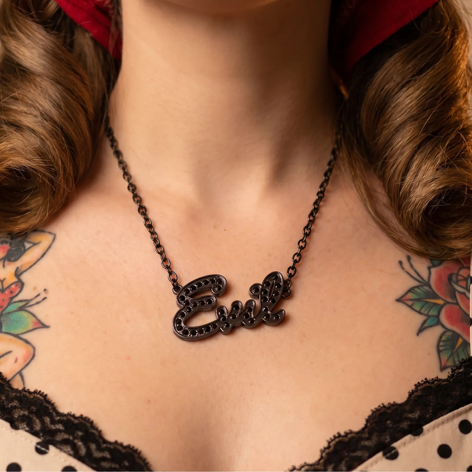 Sourpuss “Evil” Pendant Necklace with Black Rhinestones Gothic Statement Jewelry - Image 8