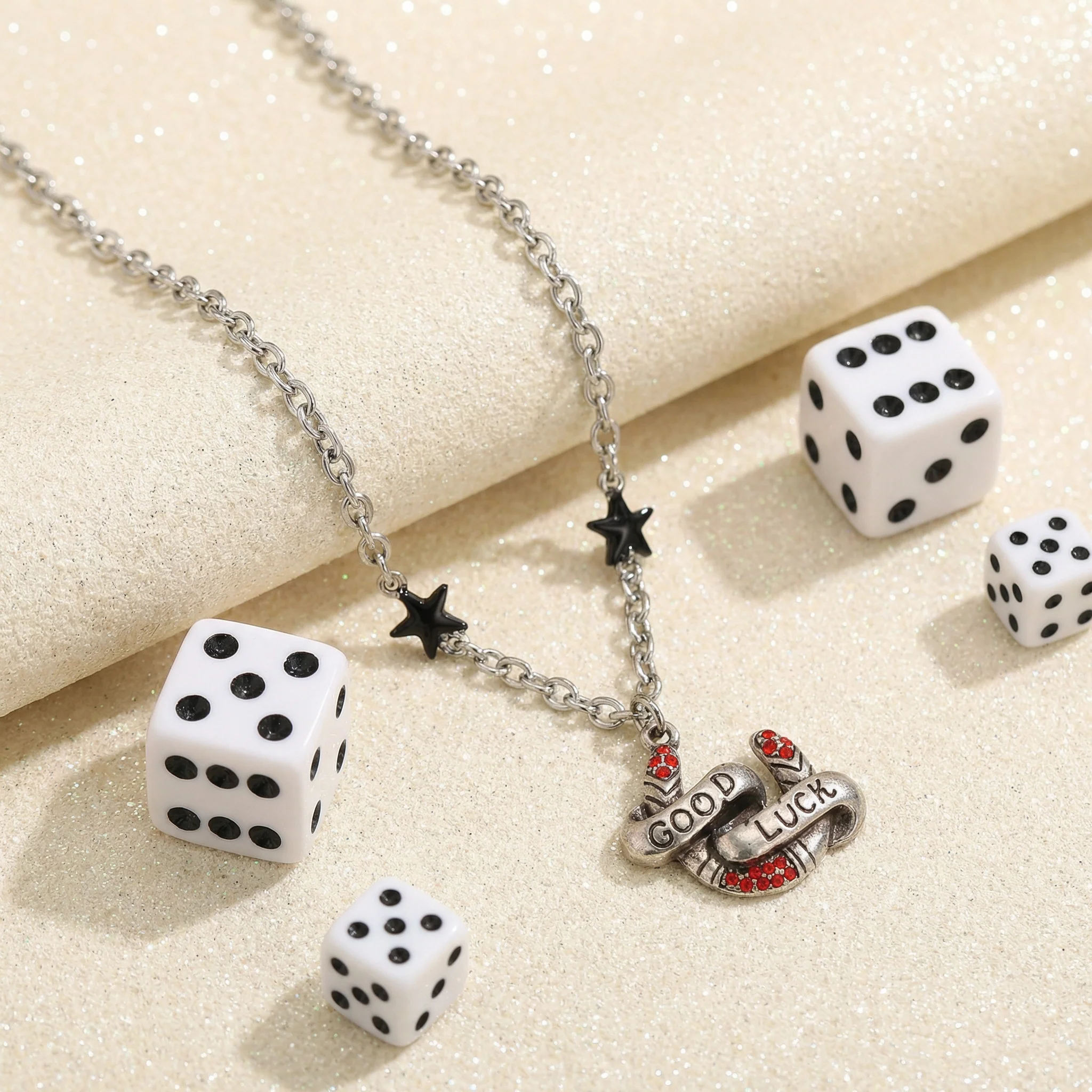 Sourpuss "Good Luck” Horseshoe Necklace with Red Rhinestones & Black Star Charms - Image 9