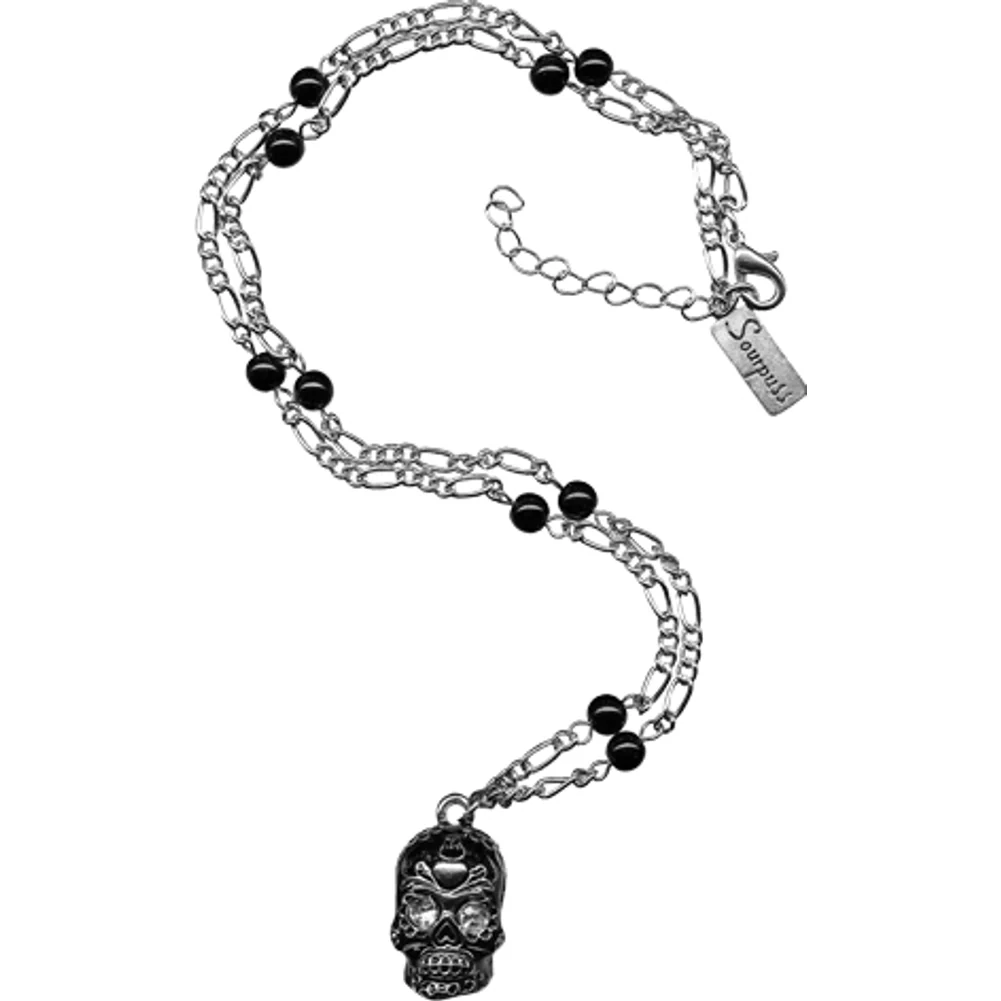 Sourpuss Silver Skull Pendant Necklace | Sugar Skull with Rhinestone Eyes – Clear & Purple Options - Image 3