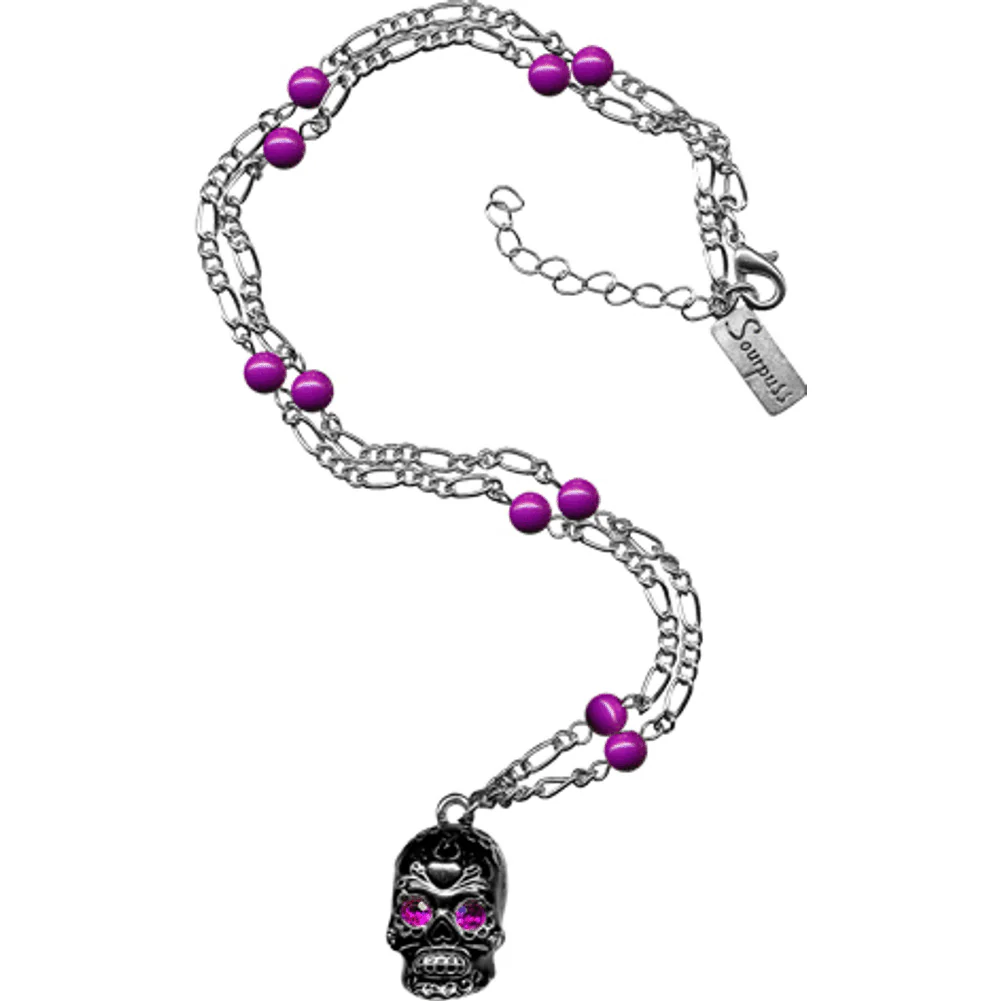 Sourpuss Silver Skull Pendant Necklace | Sugar Skull with Rhinestone Eyes – Clear & Purple Options - Image 4