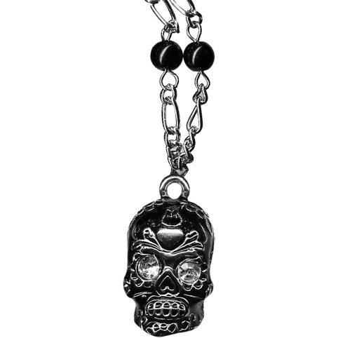 Sourpuss Silver Skull Pendant Necklace | Sugar Skull with Rhinestone Eyes – Clear & Purple Options - Image 5
