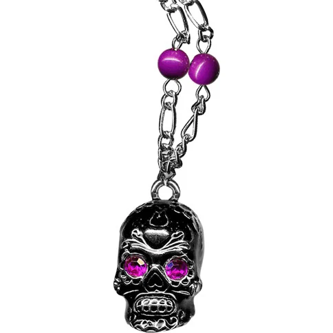 Sourpuss Silver Skull Pendant Necklace | Sugar Skull with Rhinestone Eyes – Clear & Purple Options - Image 6