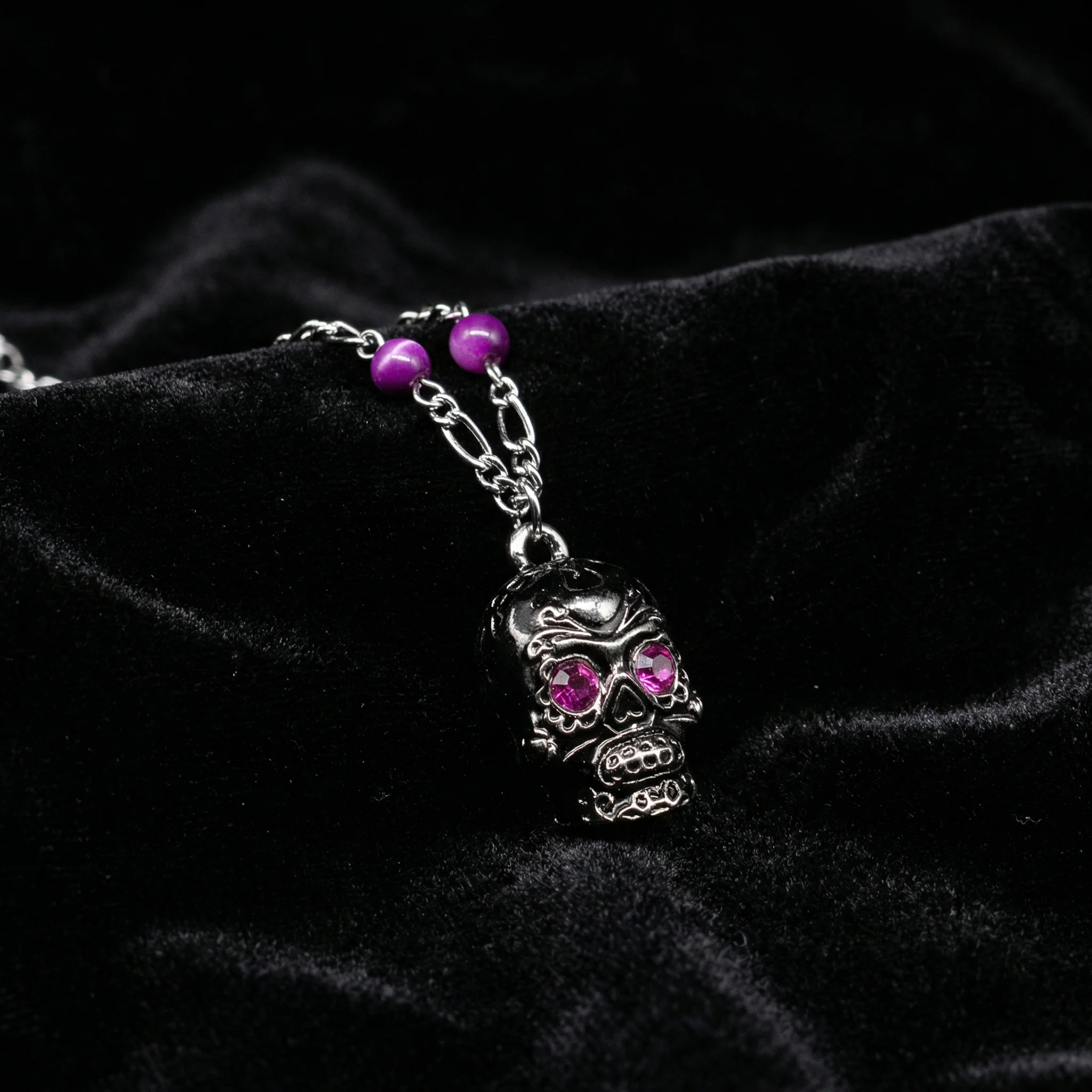 Sourpuss Silver Skull Pendant Necklace | Sugar Skull with Rhinestone Eyes – Clear & Purple Options - Image 7