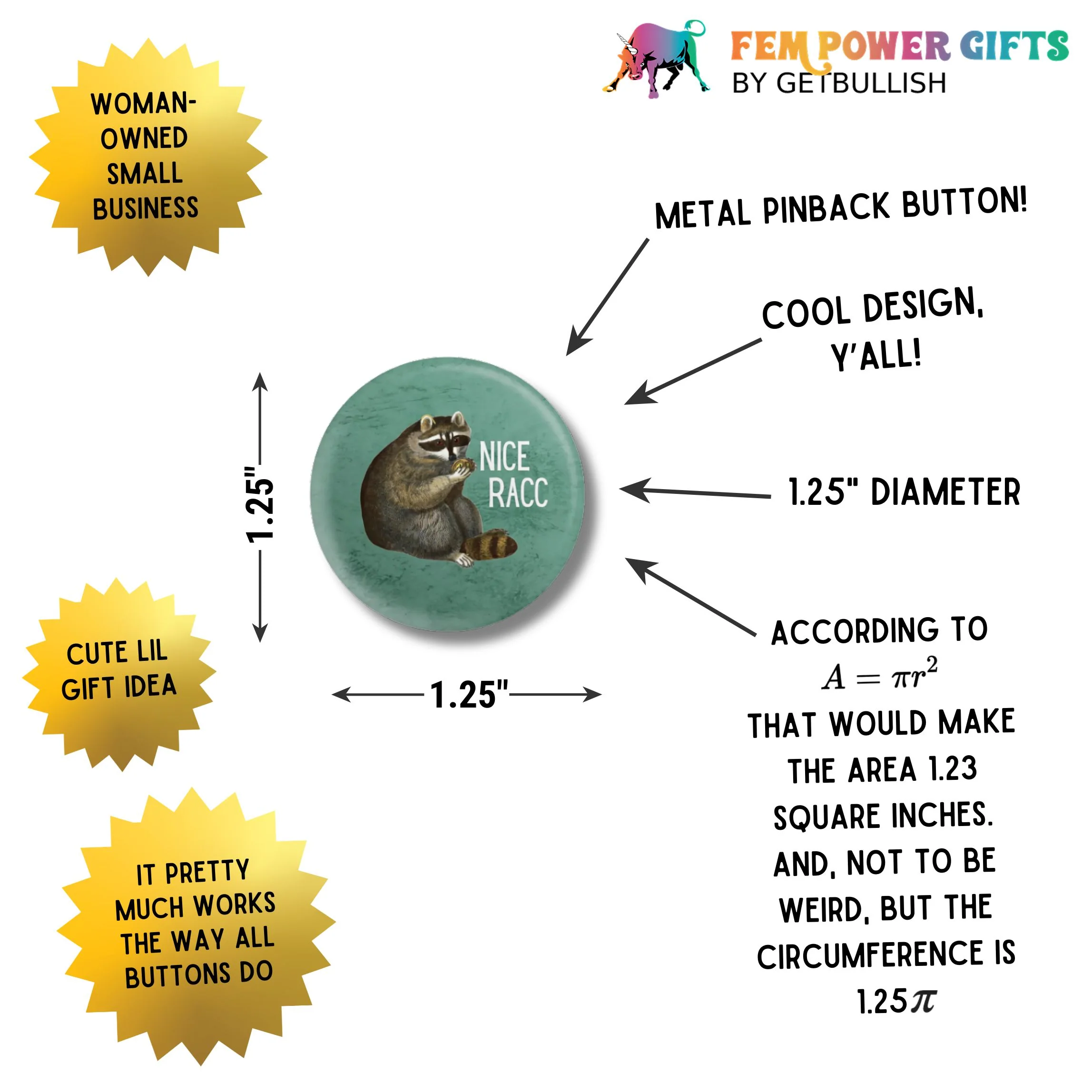 Nice Racc Vintage Raccoon Illustration Pun 1.25" Button Pin | Pinback Button Badge - Image 3