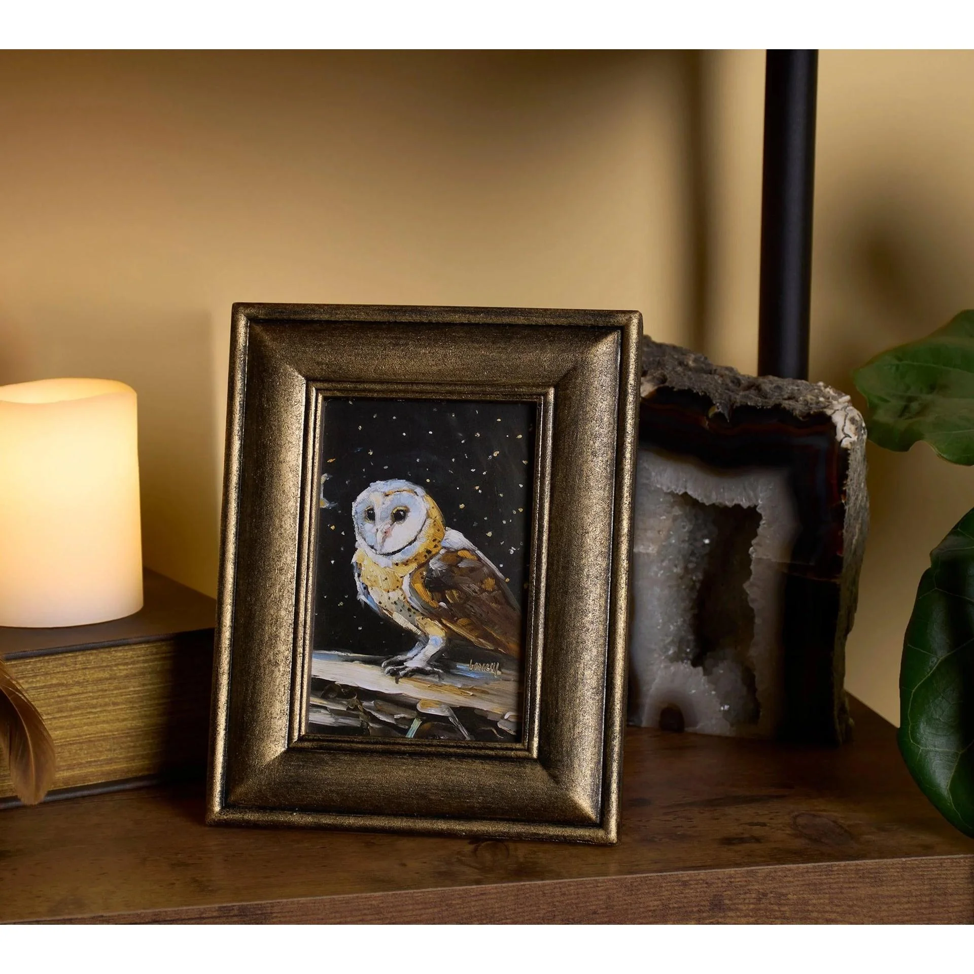 Night Barn Owl Framed Art | Halloween Vintage Style Desk Room Home Decor | 7" x 8.75" - Image 3