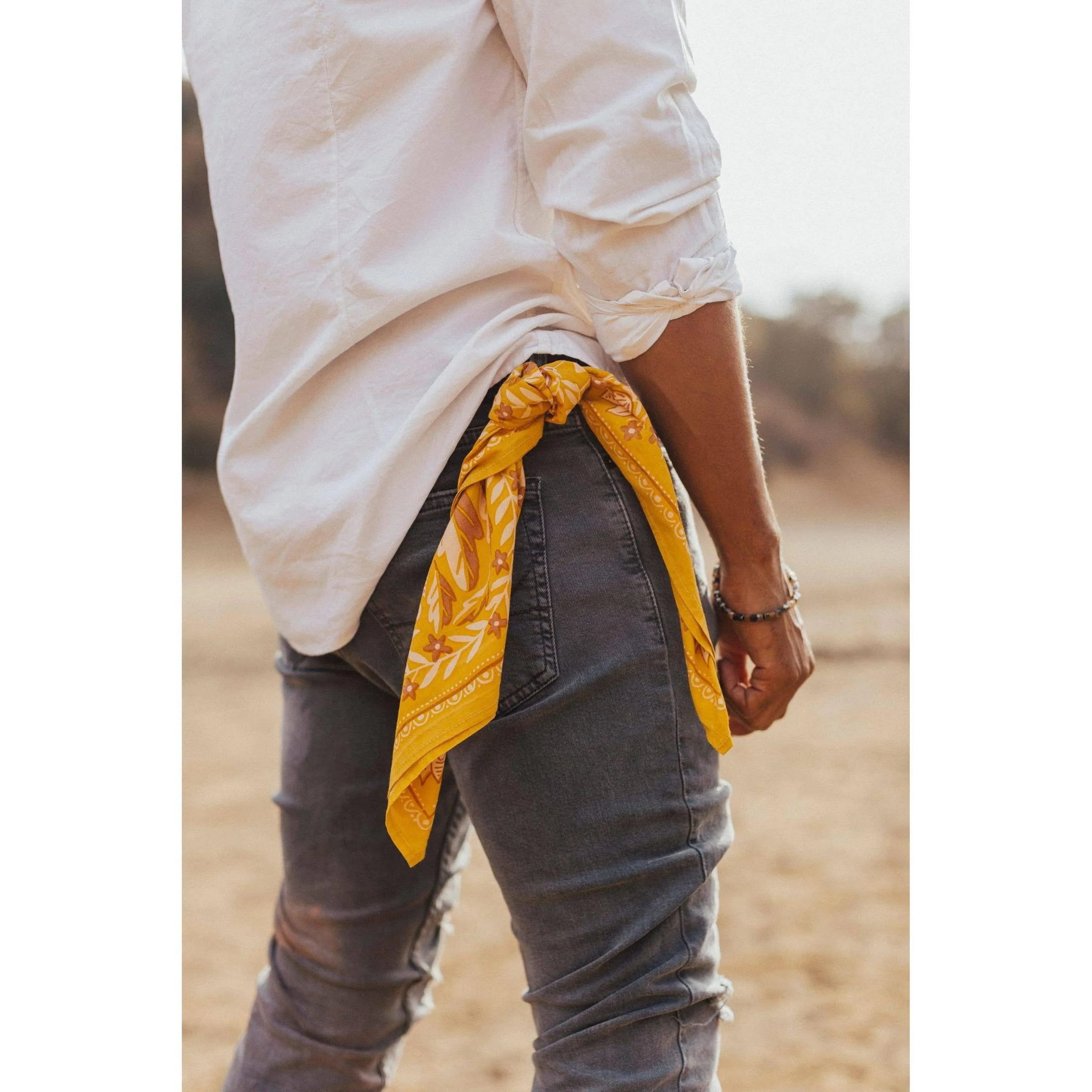Antonia Bandana in Gold with Cream Flowers | Handmade in India | Cotton Scarf Headwrap | 22'' x 22'' - Image 4
