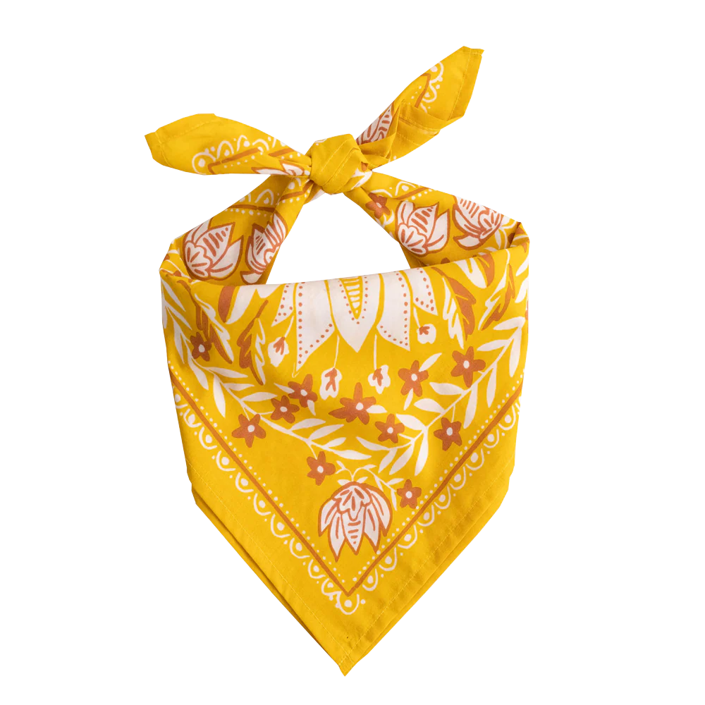 Antonia Bandana in Gold with Cream Flowers | Handmade in India | Cotton Scarf Headwrap | 22'' x 22'' - Image 5