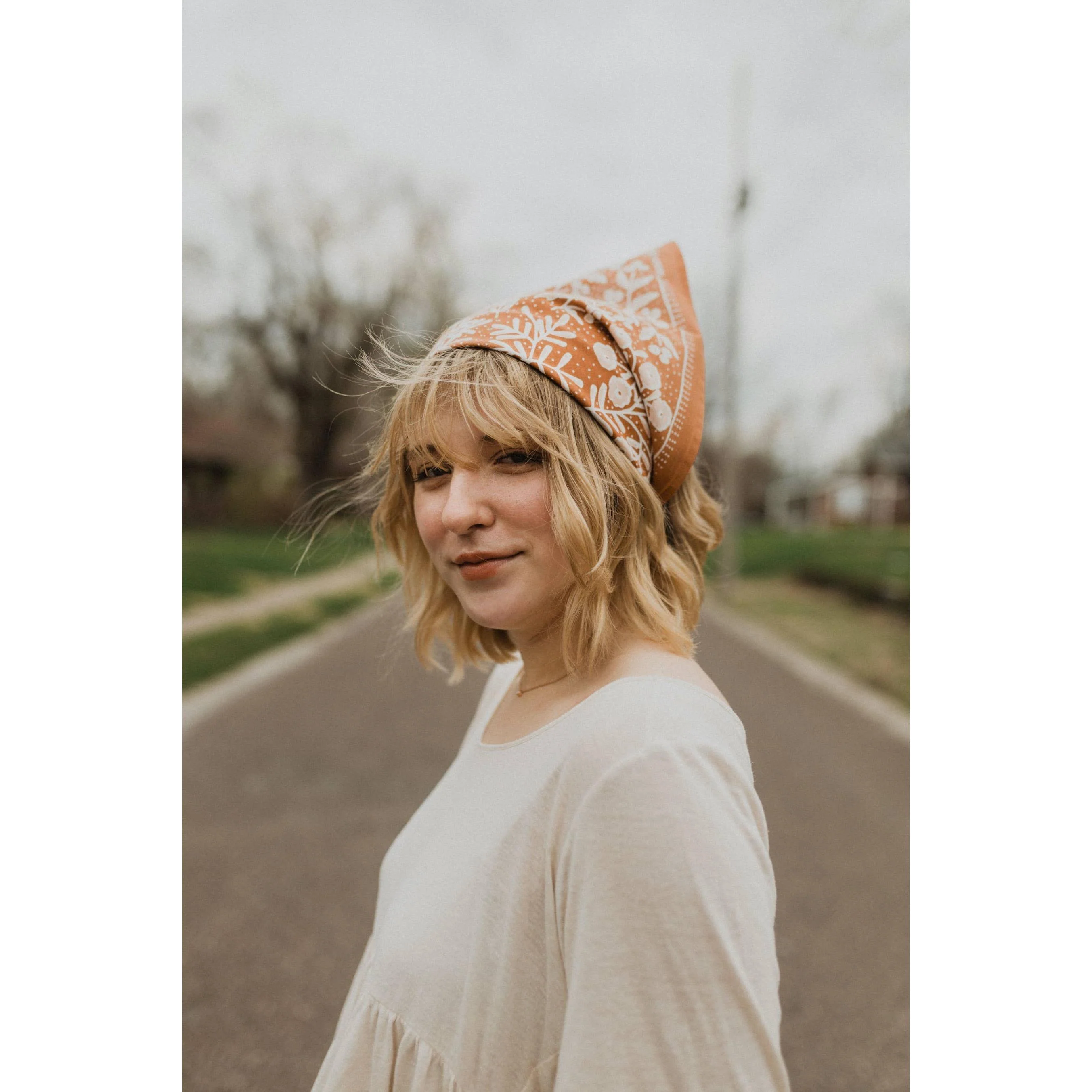 Terra Bandana in Copper with Light Pink Flowers | Handmade in India | Cotton Scarf Headtie | 22'' x 22'' - Image 2