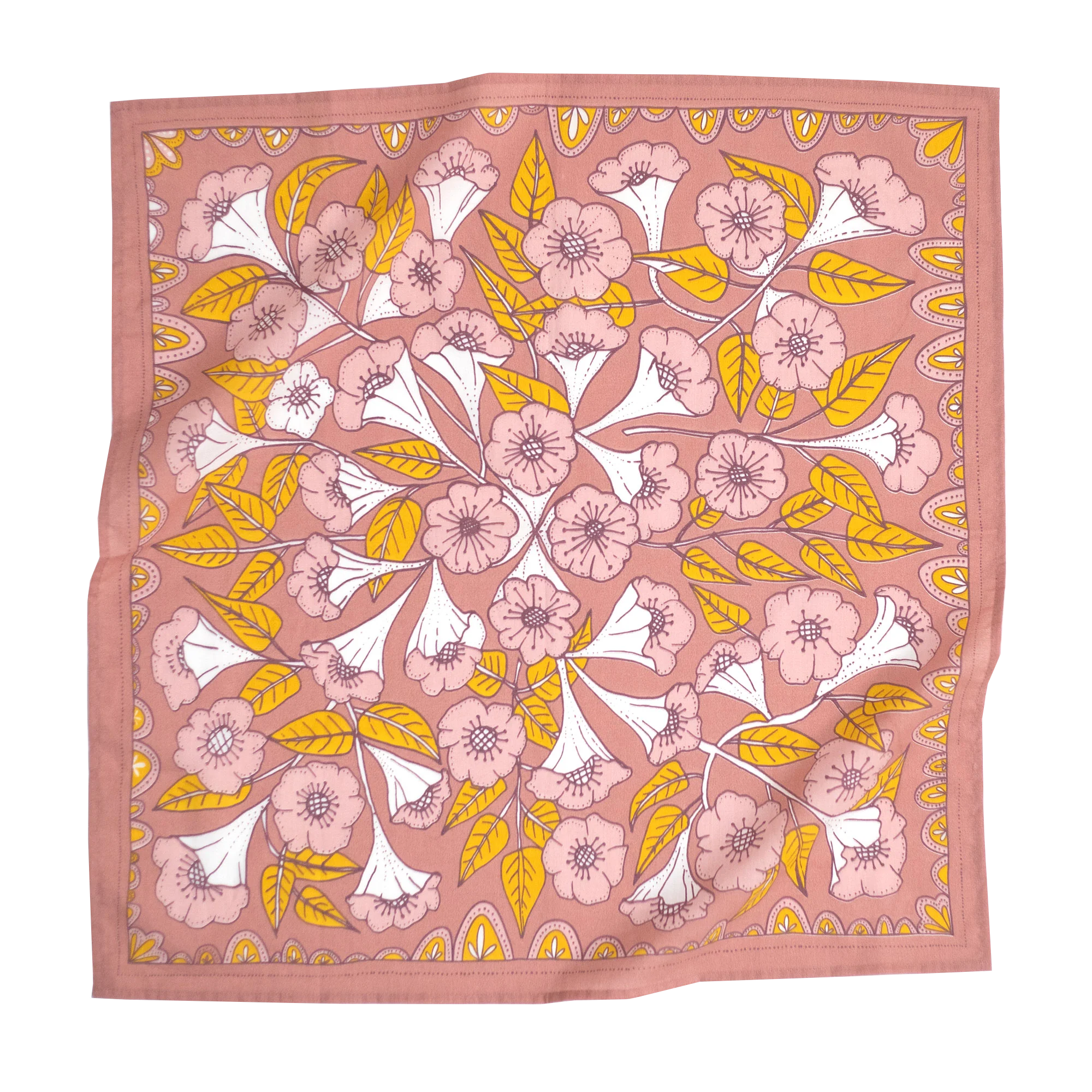 Evangeline Bandana in Pink with Floral Designs | Handmade in India | Cotton Scarf Neckerchief | 22'' x 22''
