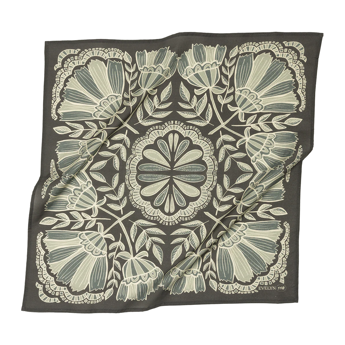 Evelyn Bandana in Charcoal Gray with Floral Pattern | Handmade in India | Cotton Scarf Neckerchief | 22'' x 22''