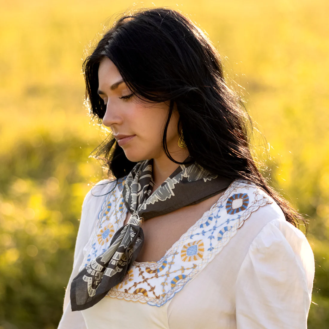 Evelyn Bandana in Charcoal Gray with Floral Pattern | Handmade in India | Cotton Scarf Neckerchief | 22'' x 22'' - Image 2