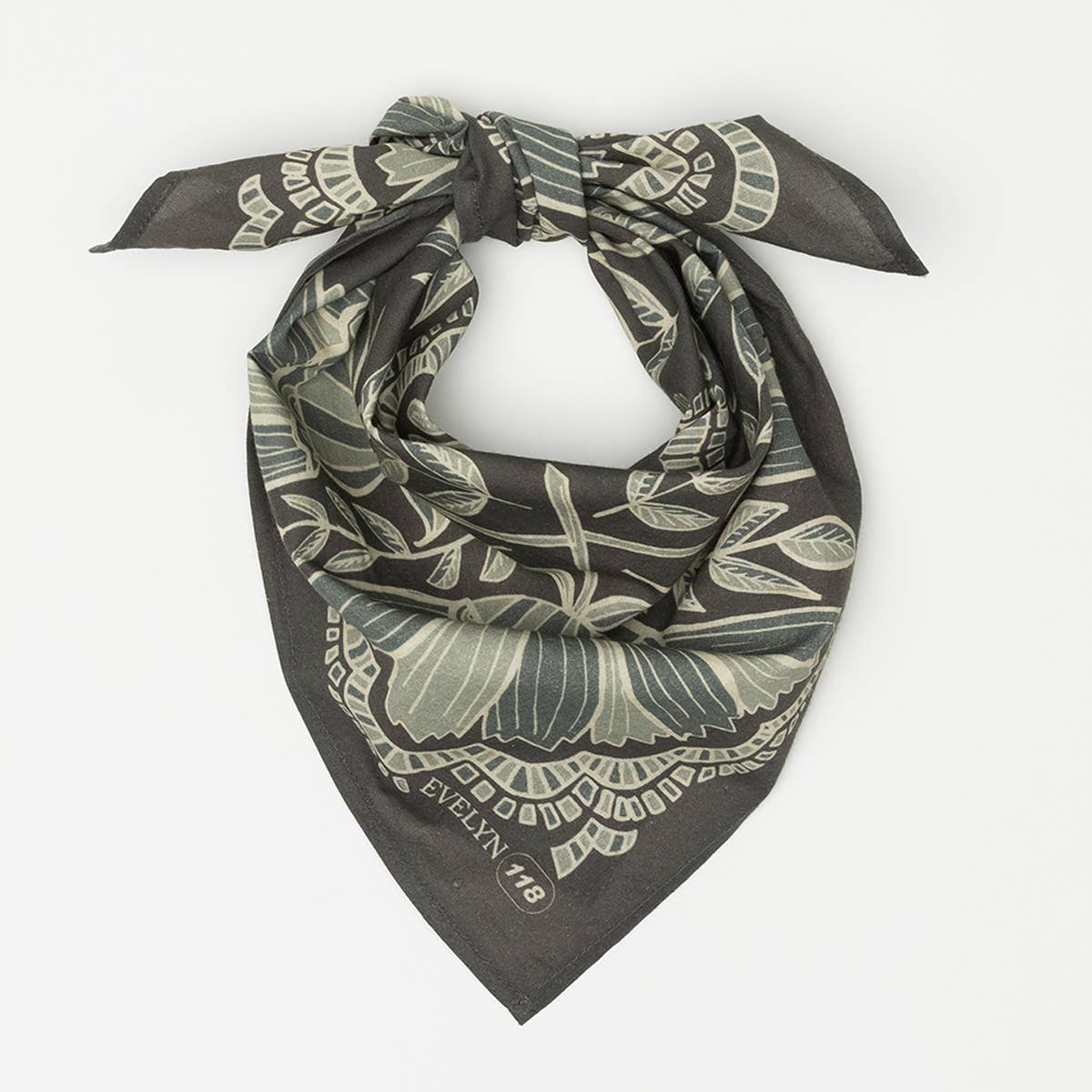 Evelyn Bandana in Charcoal Gray with Floral Pattern | Handmade in India | Cotton Scarf Neckerchief | 22'' x 22'' - Image 3