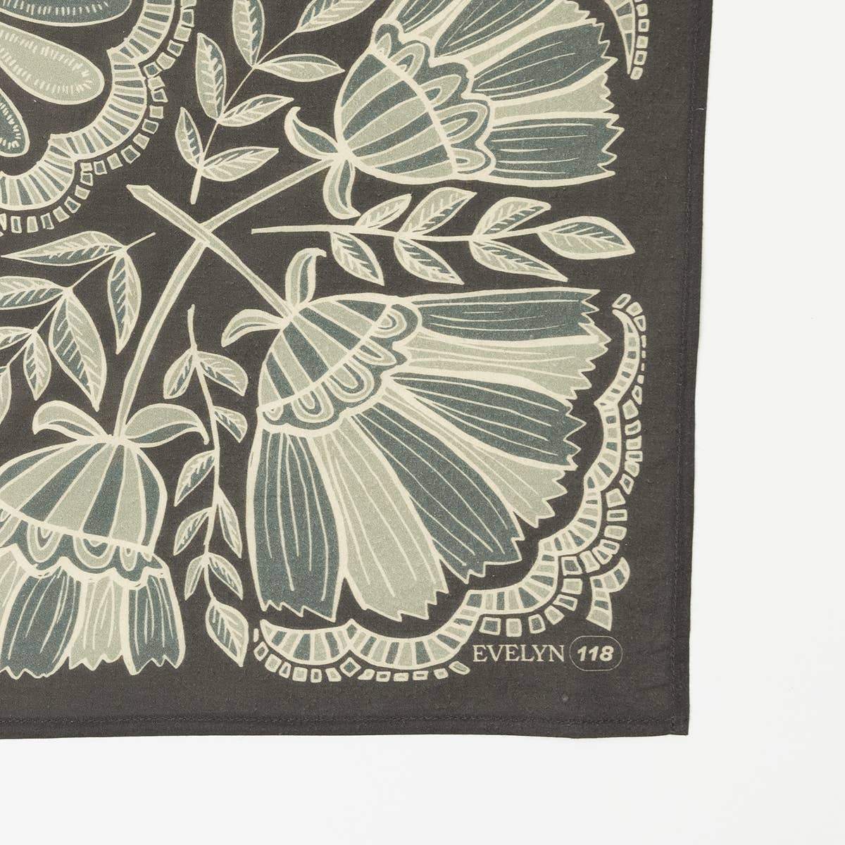 Evelyn Bandana in Charcoal Gray with Floral Pattern | Handmade in India | Cotton Scarf Neckerchief | 22'' x 22'' - Image 4
