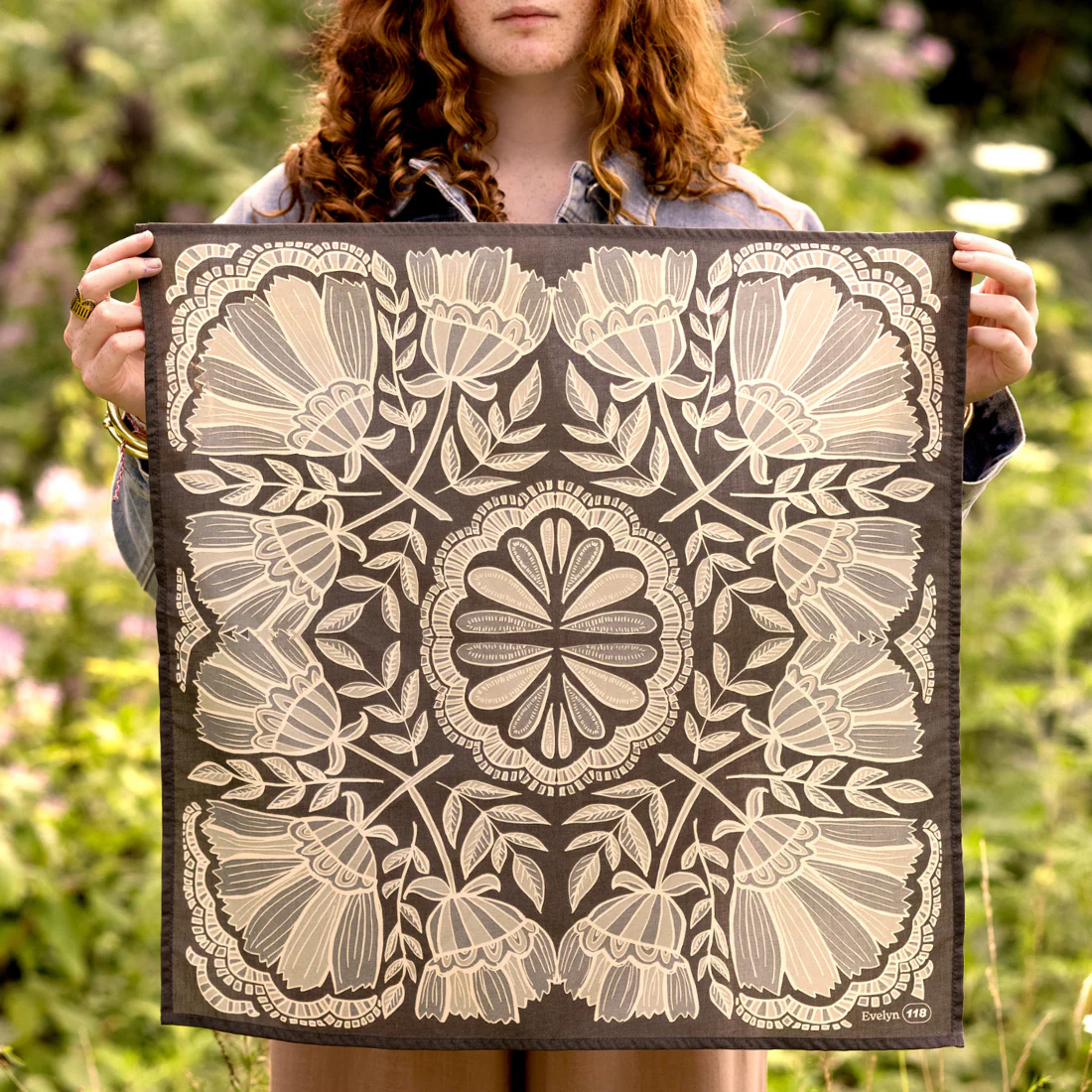 Evelyn Bandana in Charcoal Gray with Floral Pattern | Handmade in India | Cotton Scarf Neckerchief | 22'' x 22'' - Image 5