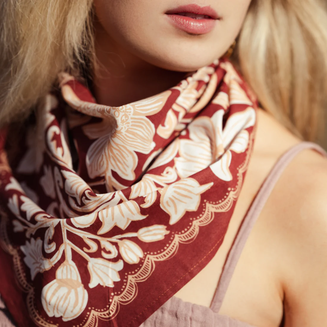 Agatha Bandana in Mahogany Red with Soft Peach & Cream Flowers | Handmade in India | Cotton Scarf Neckerchief | 22'' x 22'' - Image 5