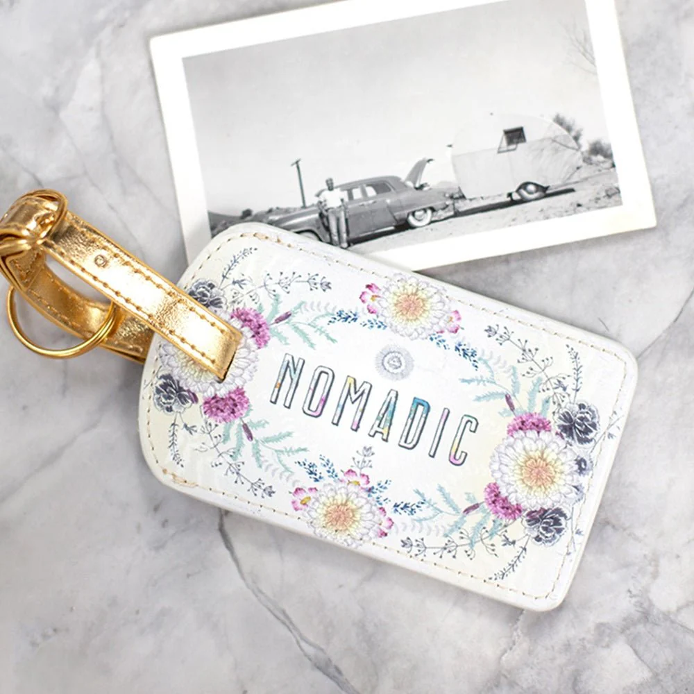 Nomadic Boho Luggage Tag | Floral Sunrise Wreath Design with Metallic Strap - Image 5
