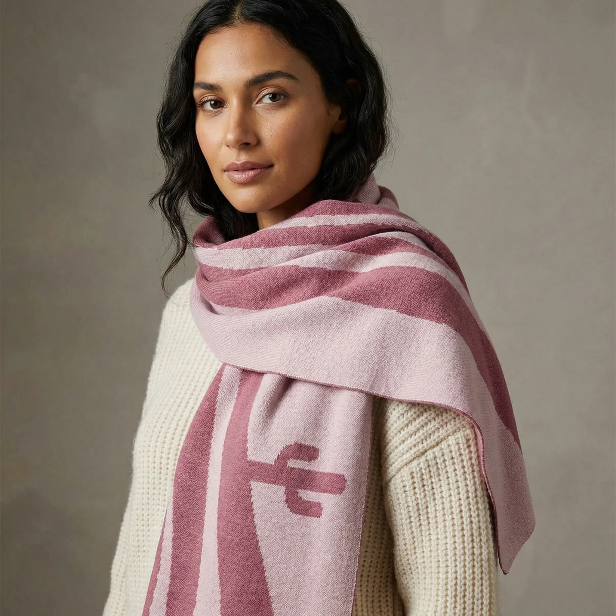 Dust Rose Desert Cactus Scarf | Retro Intarsia Knit Scarf - Image 2