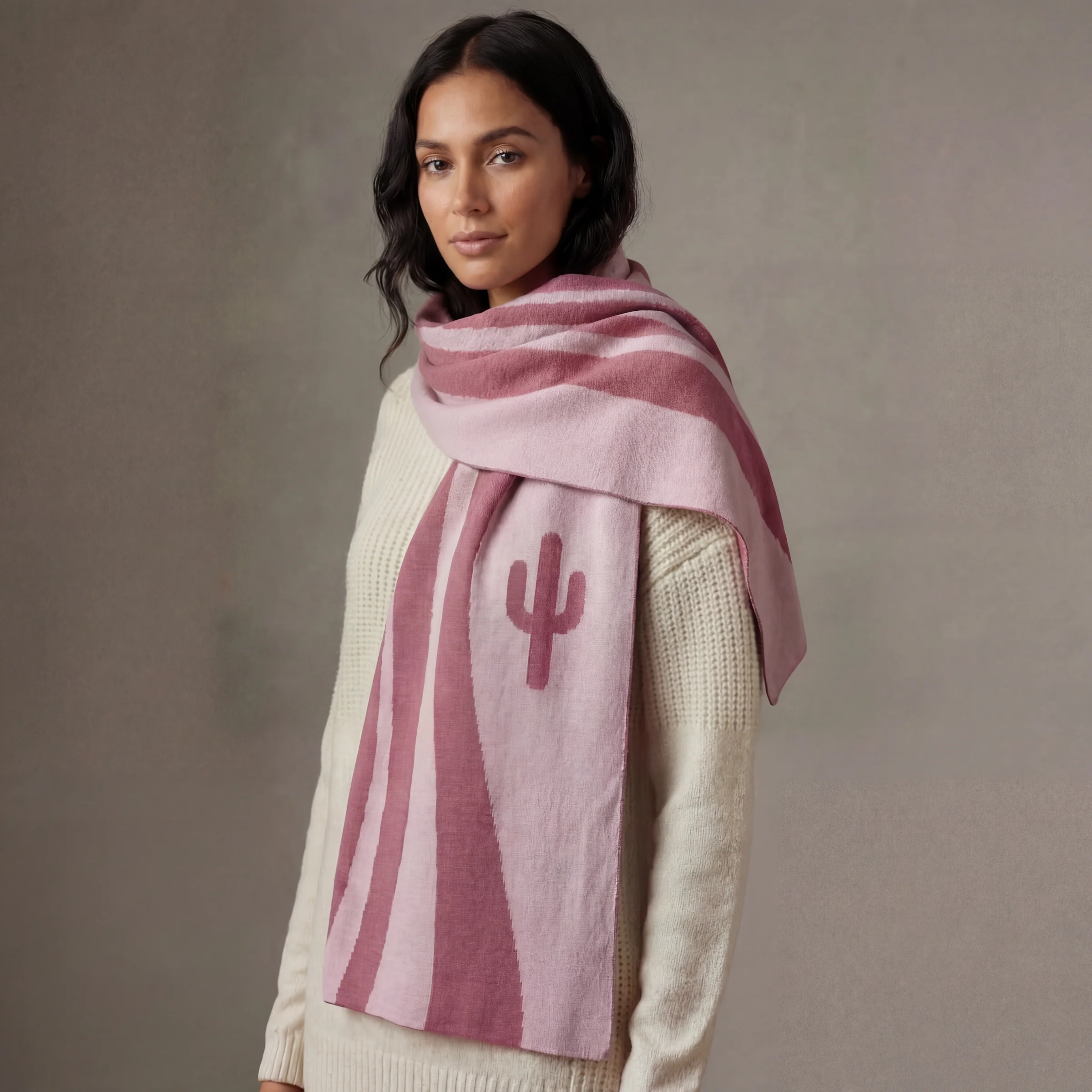 Dust Rose Desert Cactus Scarf | Retro Intarsia Knit Scarf - Image 5