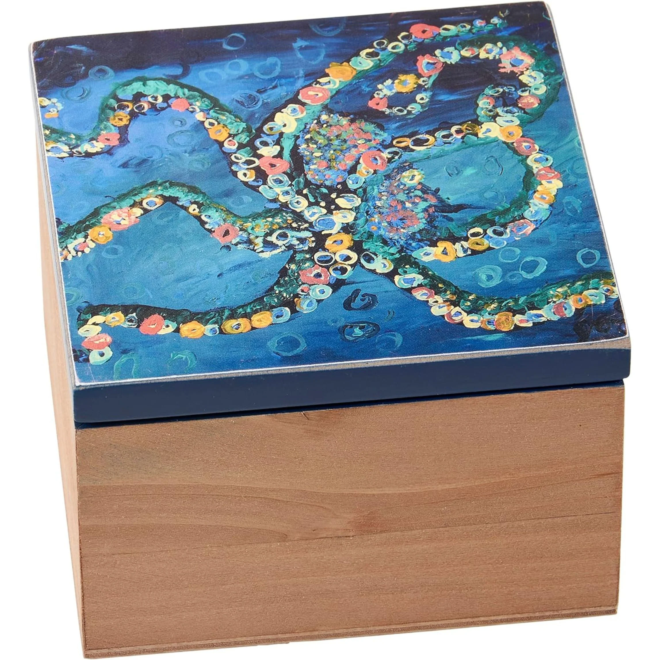 Octopus Wooden Hinged Keepsake Box | Coastal Ocean Art Storage Box - Image 2