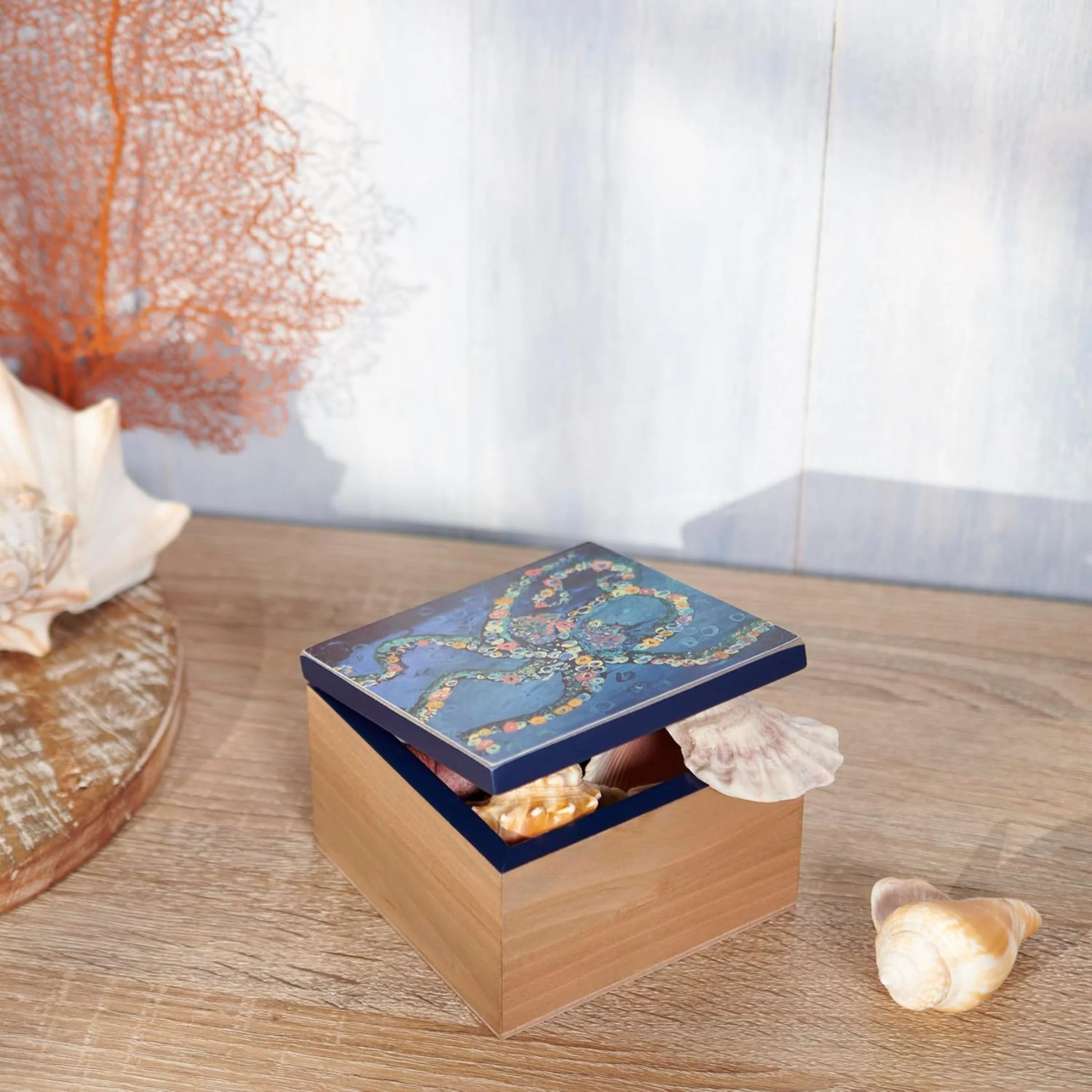 Octopus Wooden Hinged Keepsake Box | Coastal Ocean Art Storage Box - Image 5