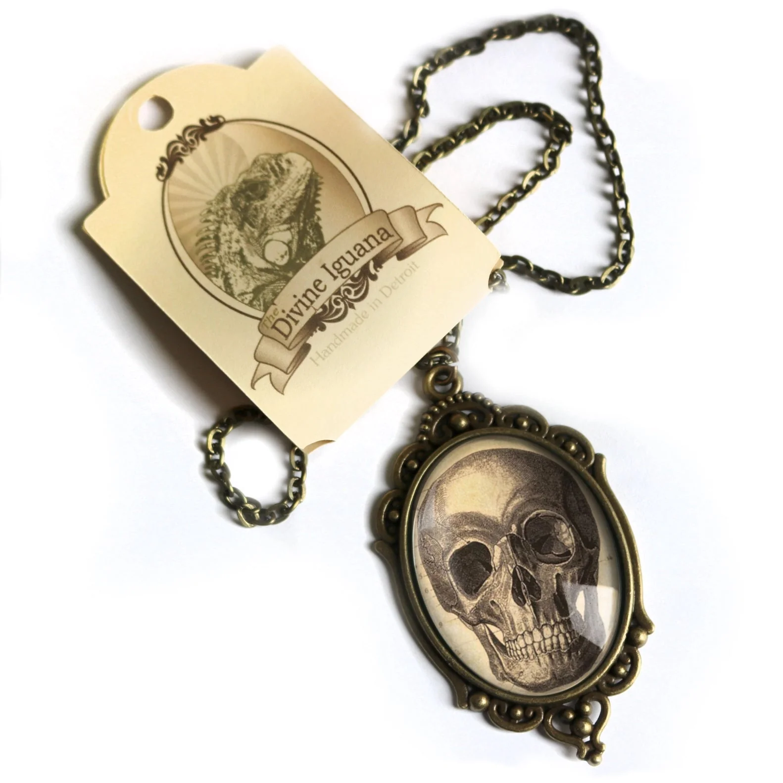 Old Skull Ornate Oval Pendant Necklace | Handmade in the US - Image 3