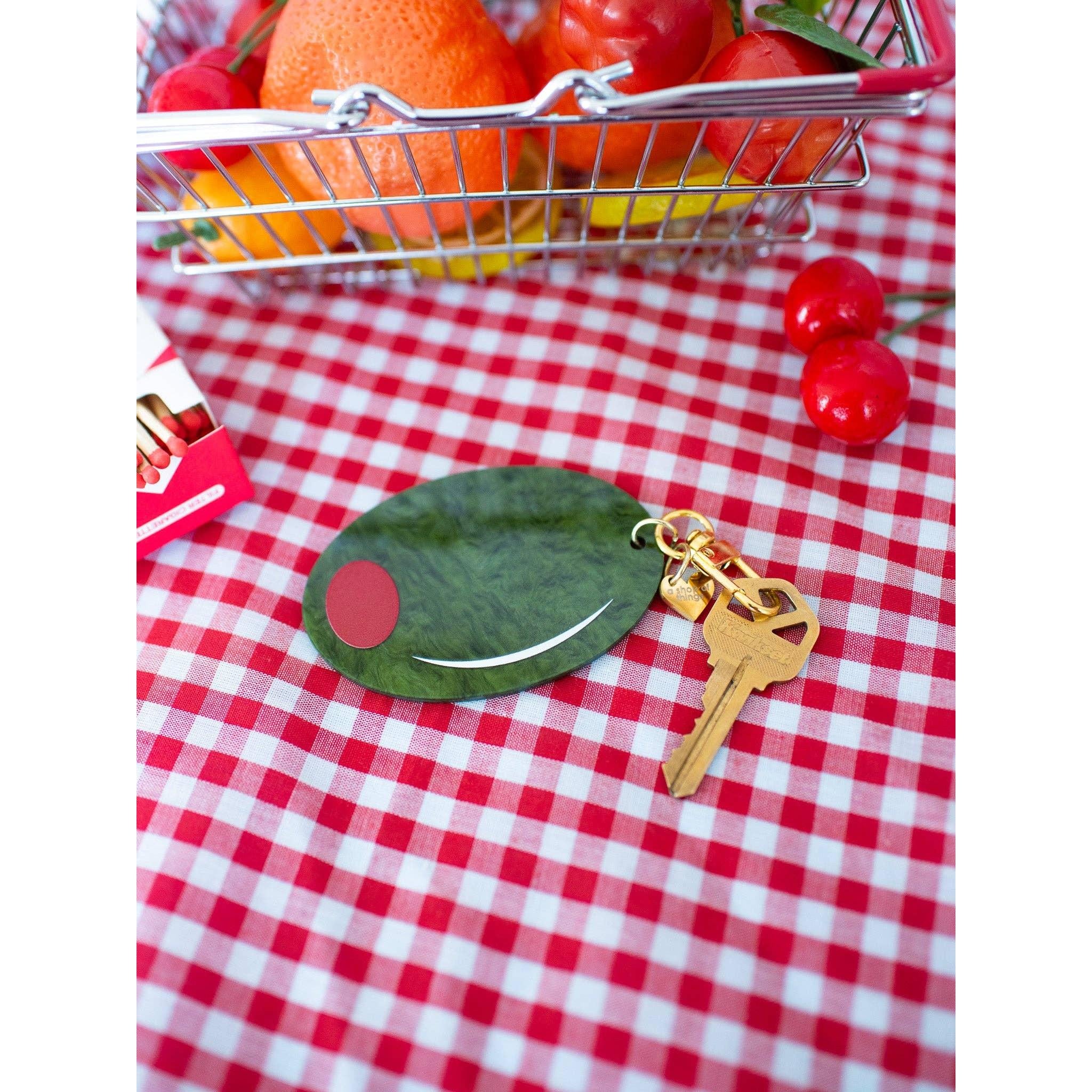 Olive Keychain Marbled Acetate Green Olive Keyring with Gold Clasp - Image 3