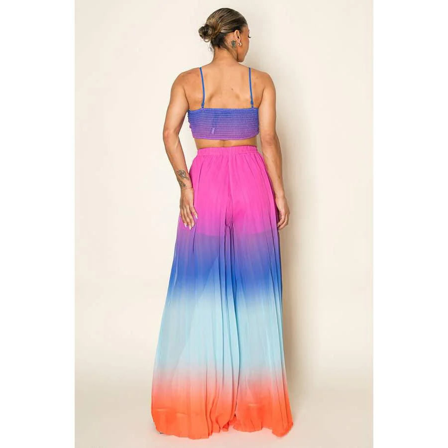 Ombre Pleated Bra Top & Wide Leg Pants Set | Rainbow Summer Beach Pool Attire - Image 3