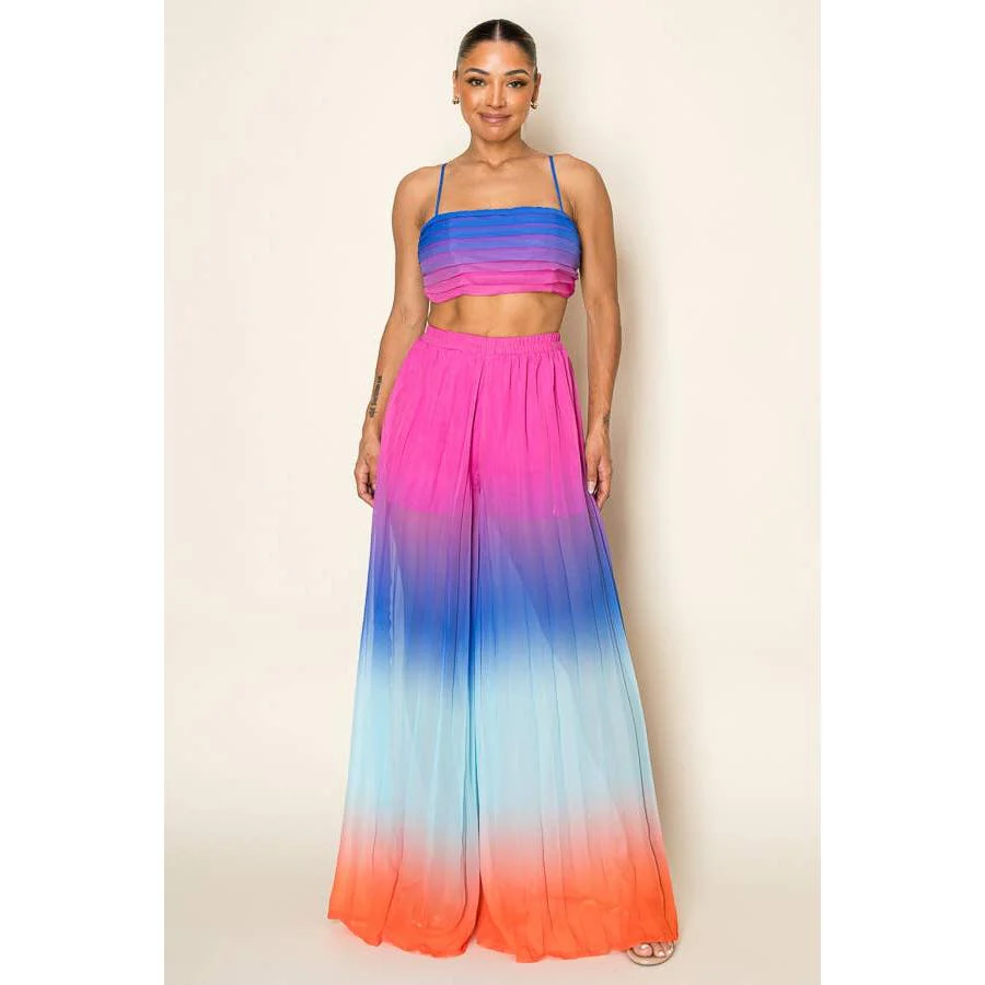 Ombre Pleated Bra Top & Wide Leg Pants Set | Rainbow Summer Beach Pool Attire - Image 4