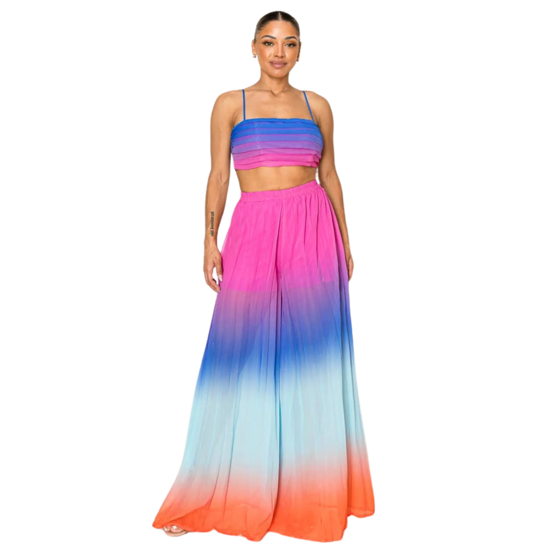 Ombre Pleated Bra Top & Wide Leg Pants Set | Rainbow Summer Beach Pool Attire - Image 7