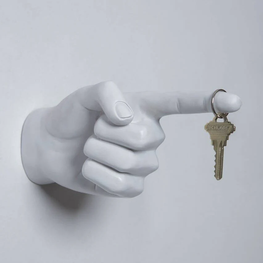 Hand with Pointing Finger Wall Mounted Hook Sculpture | White Ceramic | 8" Tall