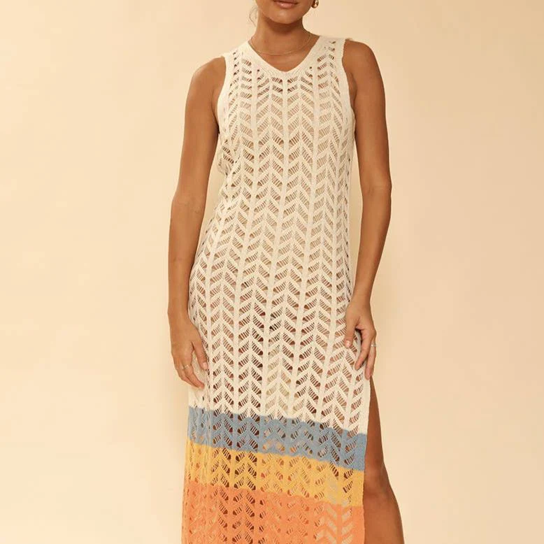 [Size XL Remaining] Cream Open Knit Color Block Cover Up | Long Swimsuit Summer Attire