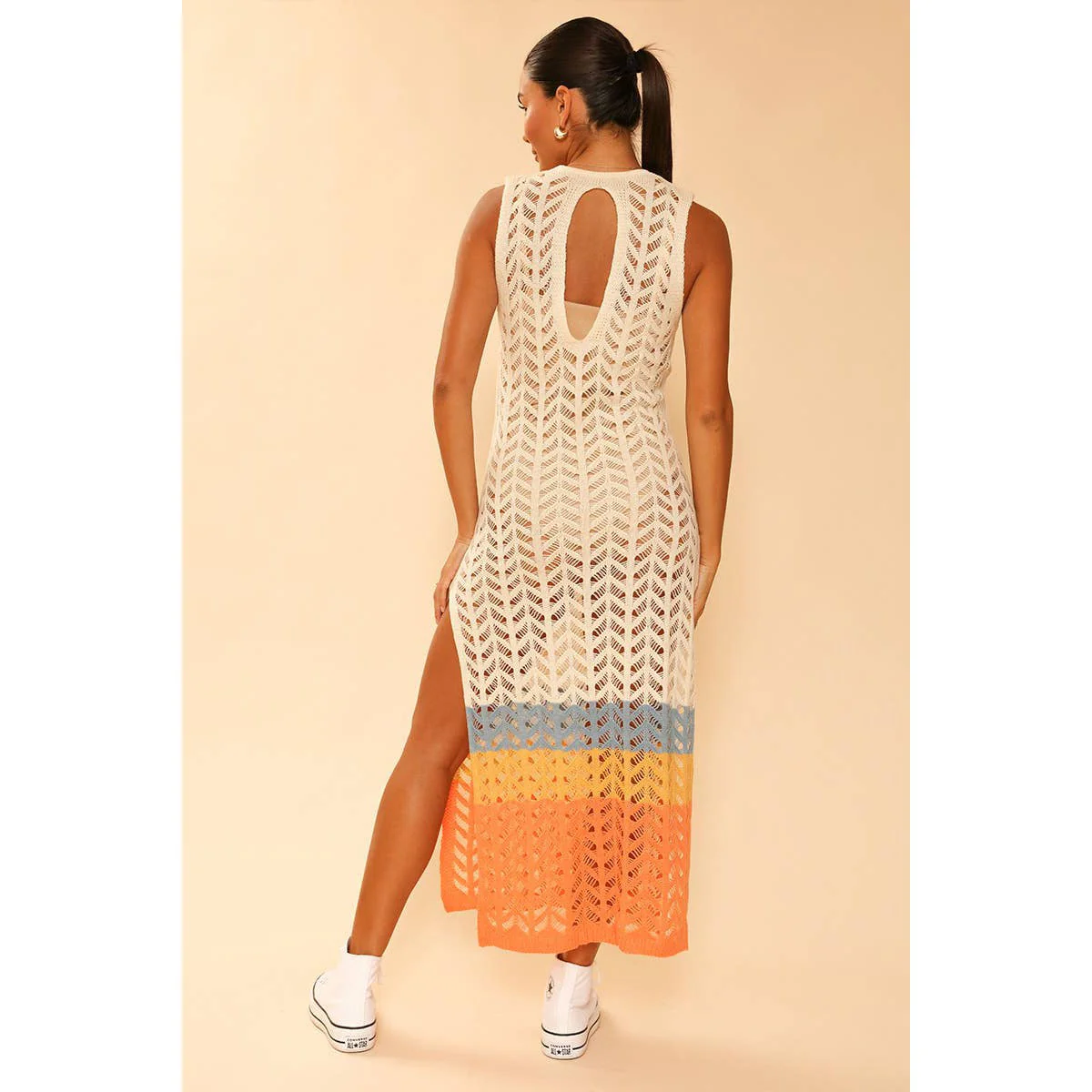 [Size XL Remaining] Cream Open Knit Color Block Cover Up | Long Swimsuit Summer Attire - Image 2