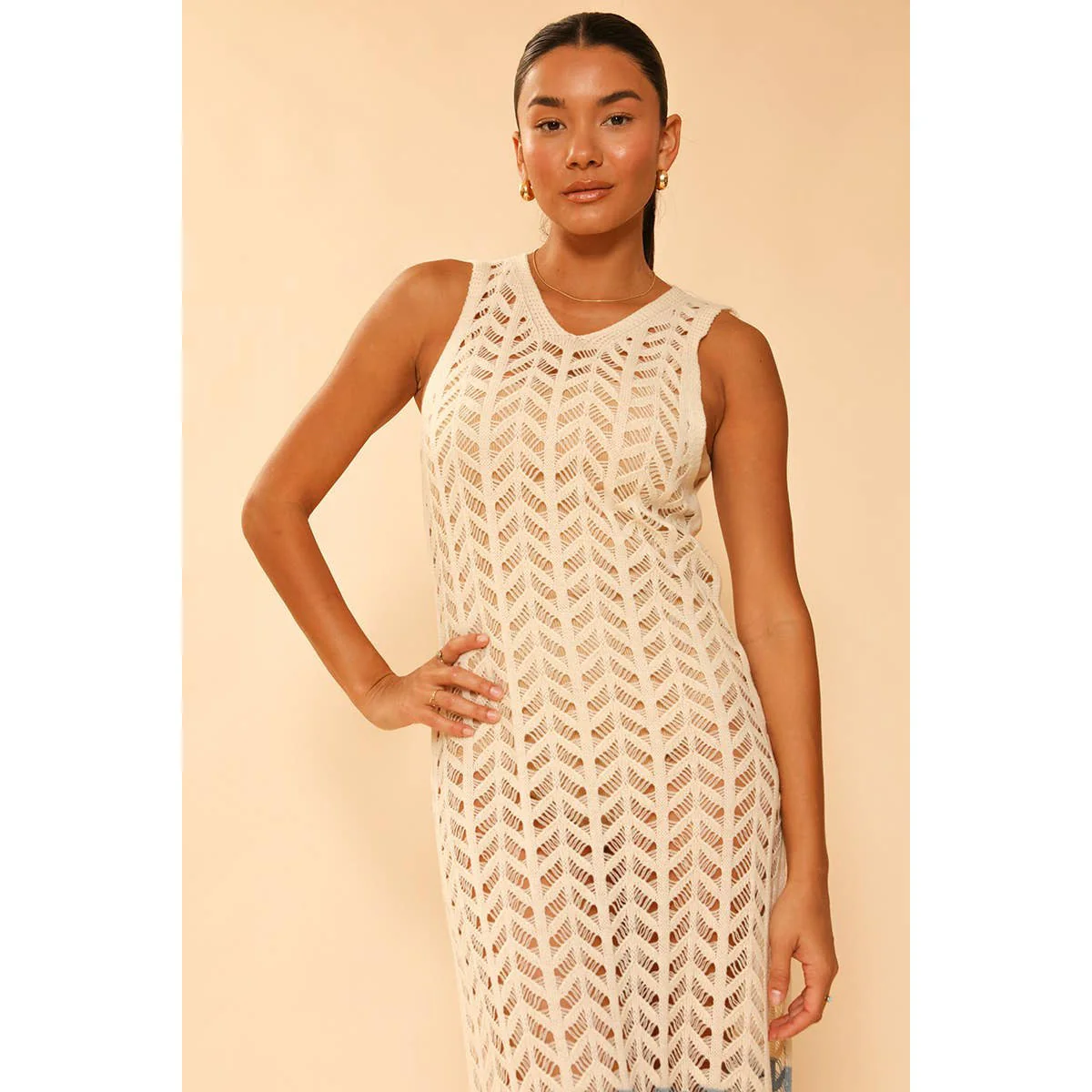 [Size XL Remaining] Cream Open Knit Color Block Cover Up | Long Swimsuit Summer Attire - Image 3
