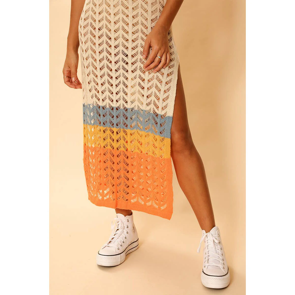 [Size XL Remaining] Cream Open Knit Color Block Cover Up | Long Swimsuit Summer Attire - Image 4
