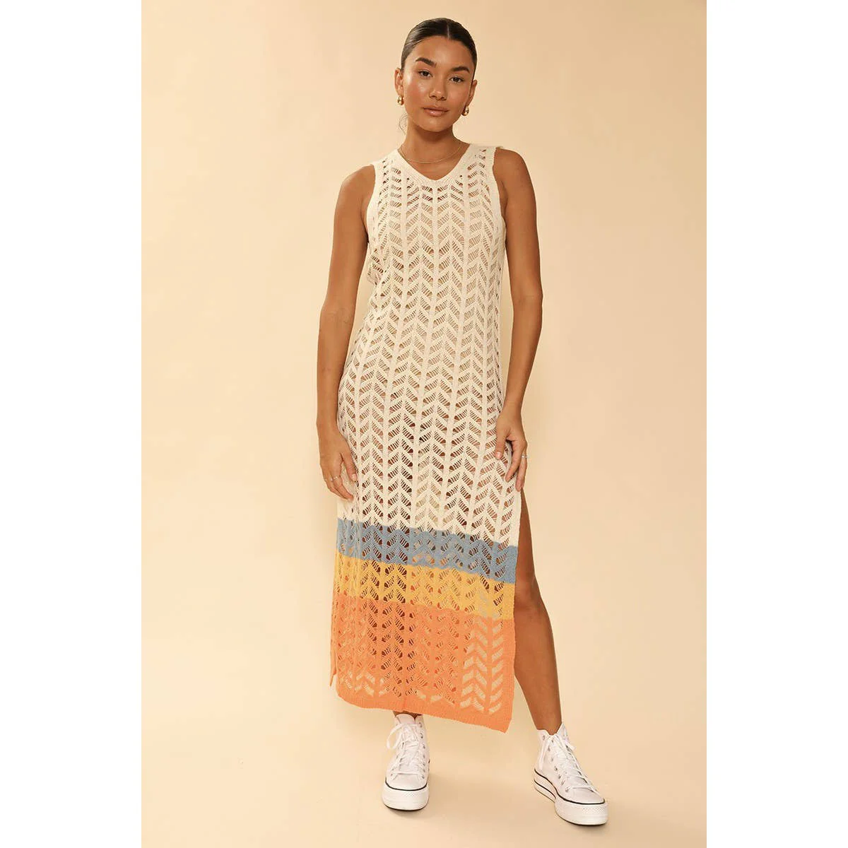 [Size XL Remaining] Cream Open Knit Color Block Cover Up | Long Swimsuit Summer Attire - Image 5