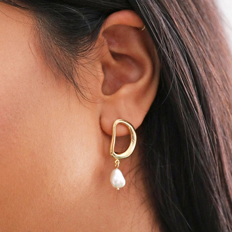 Organic Circle Pearl Drop Earrings in Gold | Designed in the UK | Gold Plated Brass - Image 2