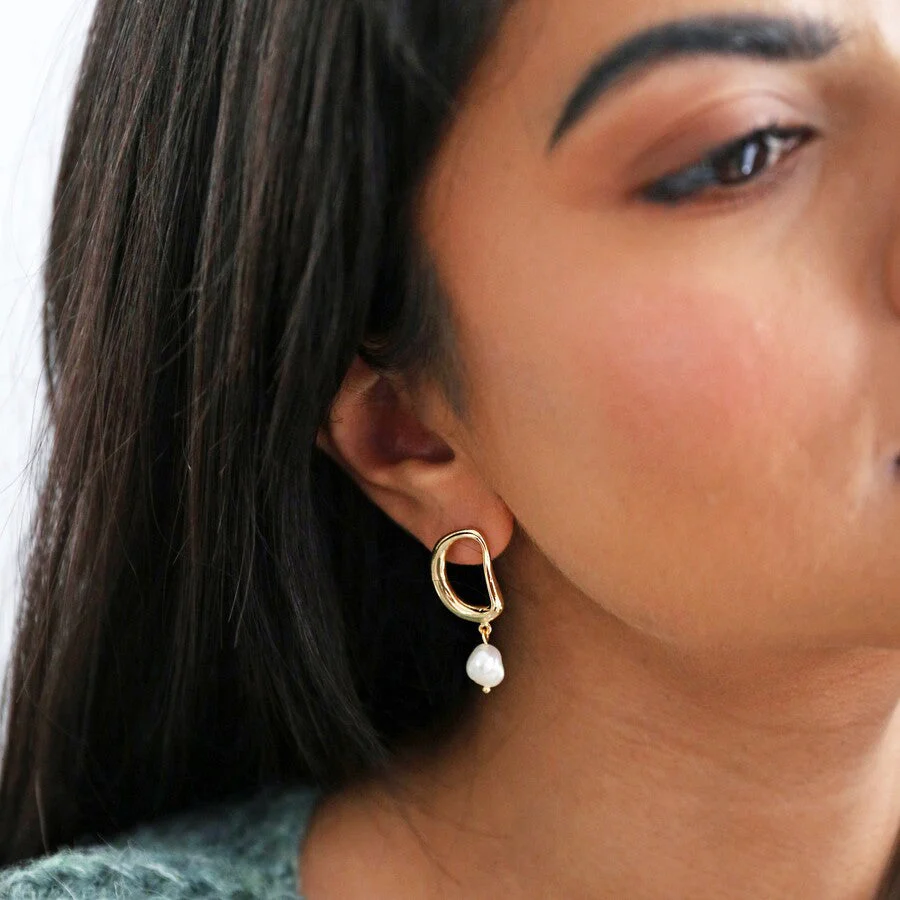 Organic Circle Pearl Drop Earrings in Gold | Designed in the UK | Gold Plated Brass - Image 3