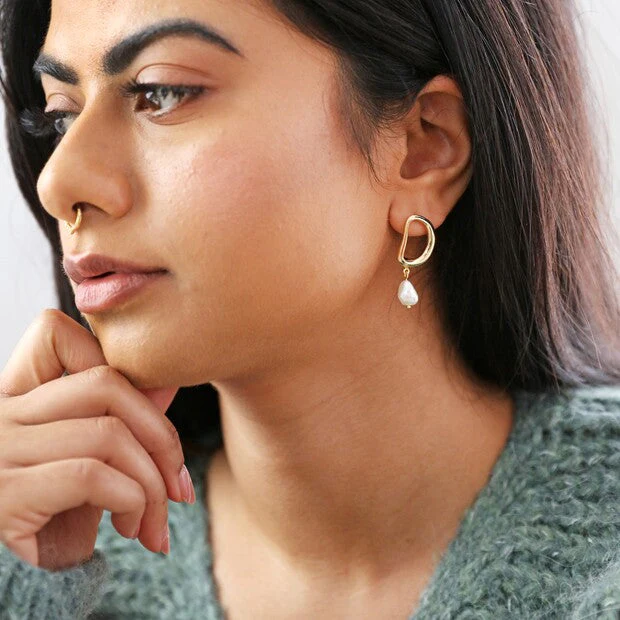 Organic Circle Pearl Drop Earrings in Gold | Designed in the UK | Gold Plated Brass - Image 4