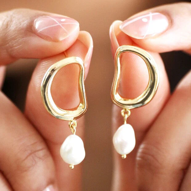 Organic Circle Pearl Drop Earrings in Gold | Designed in the UK | Gold Plated Brass - Image 5