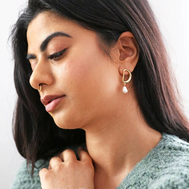 Organic Circle Pearl Drop Earrings in Gold | Designed in the UK | Gold Plated Brass - Image 6