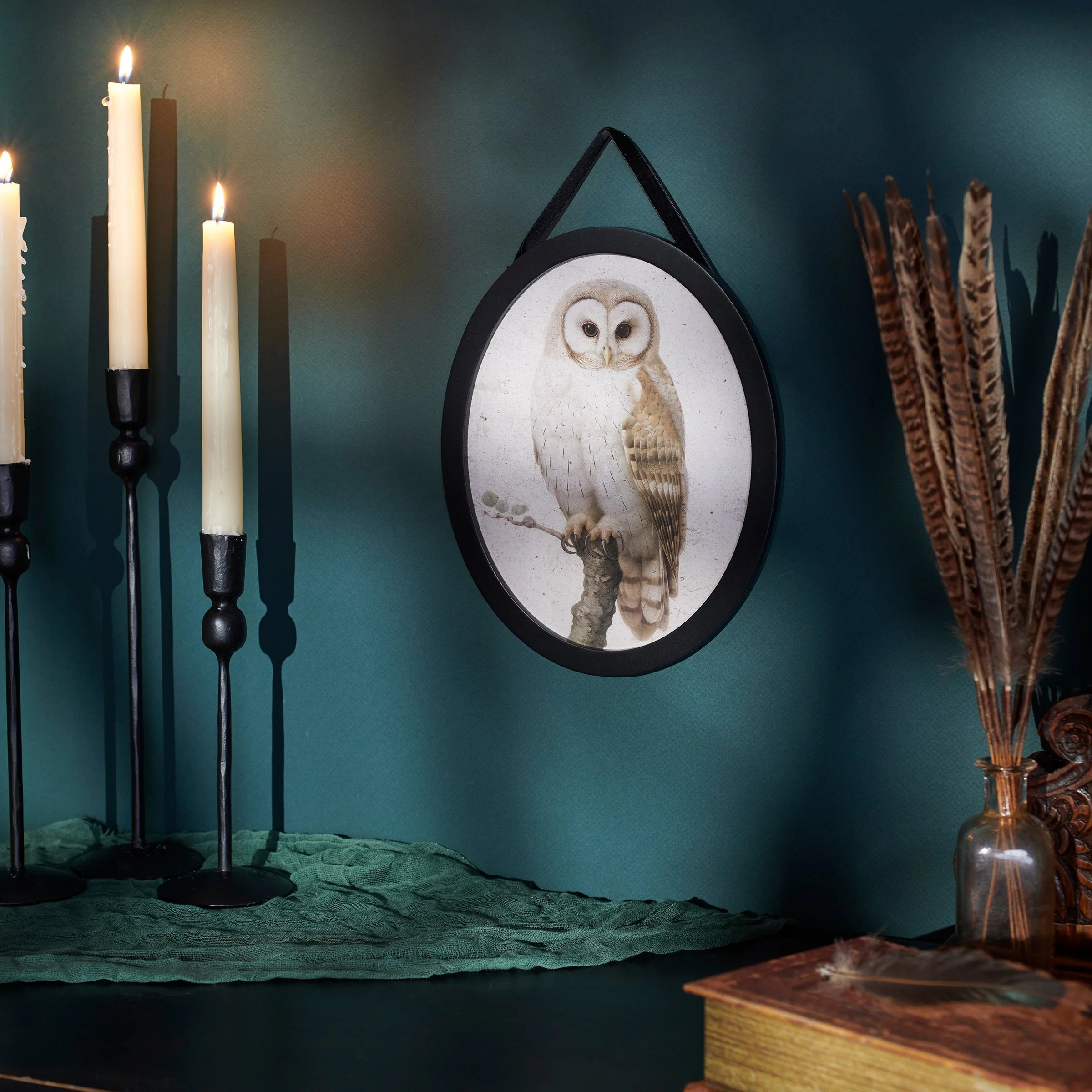 Dark Academia Owl Hanging Decor | Oval Shape Wood Vintage Art Decor | 8" x 10" - Image 4
