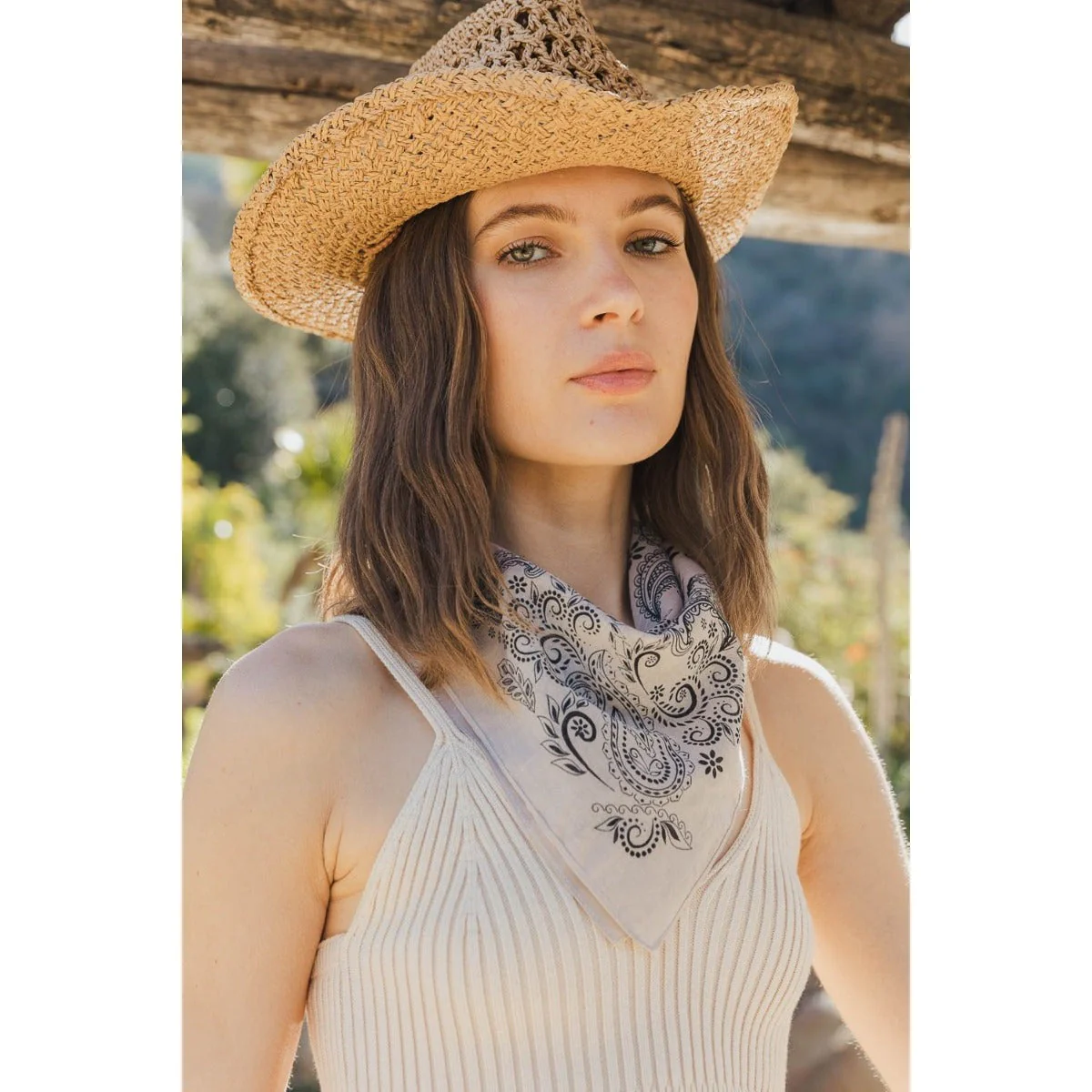 Beige Paisley Floral Patterned Bandana | Unisex Boho Neck Scarf - Image 4