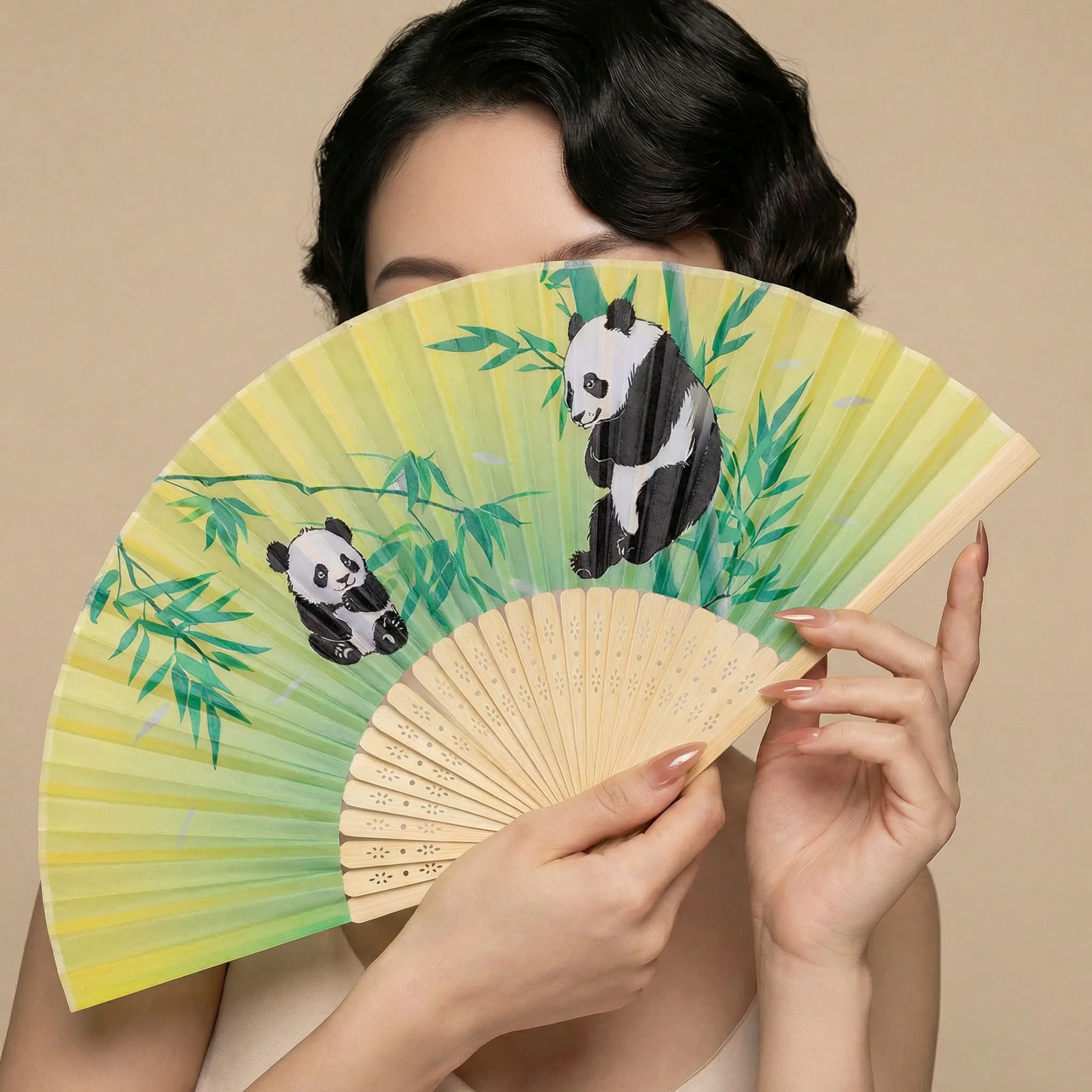 Panda Bamboo Design Paper Folding Fan | 10" Hand Fan with Wooden Frame - Image 2