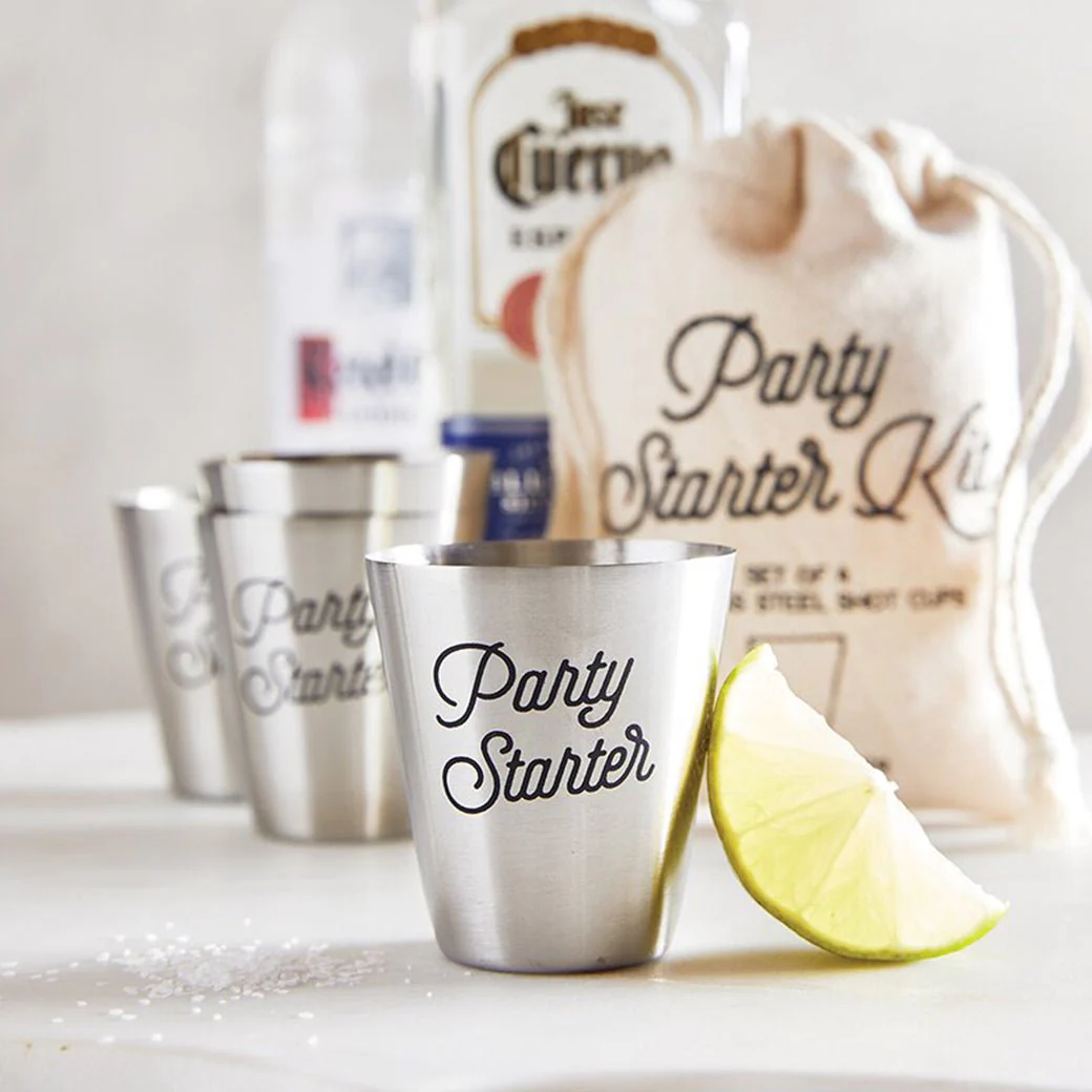 Party Starter Stainless Steel Shot Cups | Set of 4 Shot Glasses in Gift Bag - Image 10