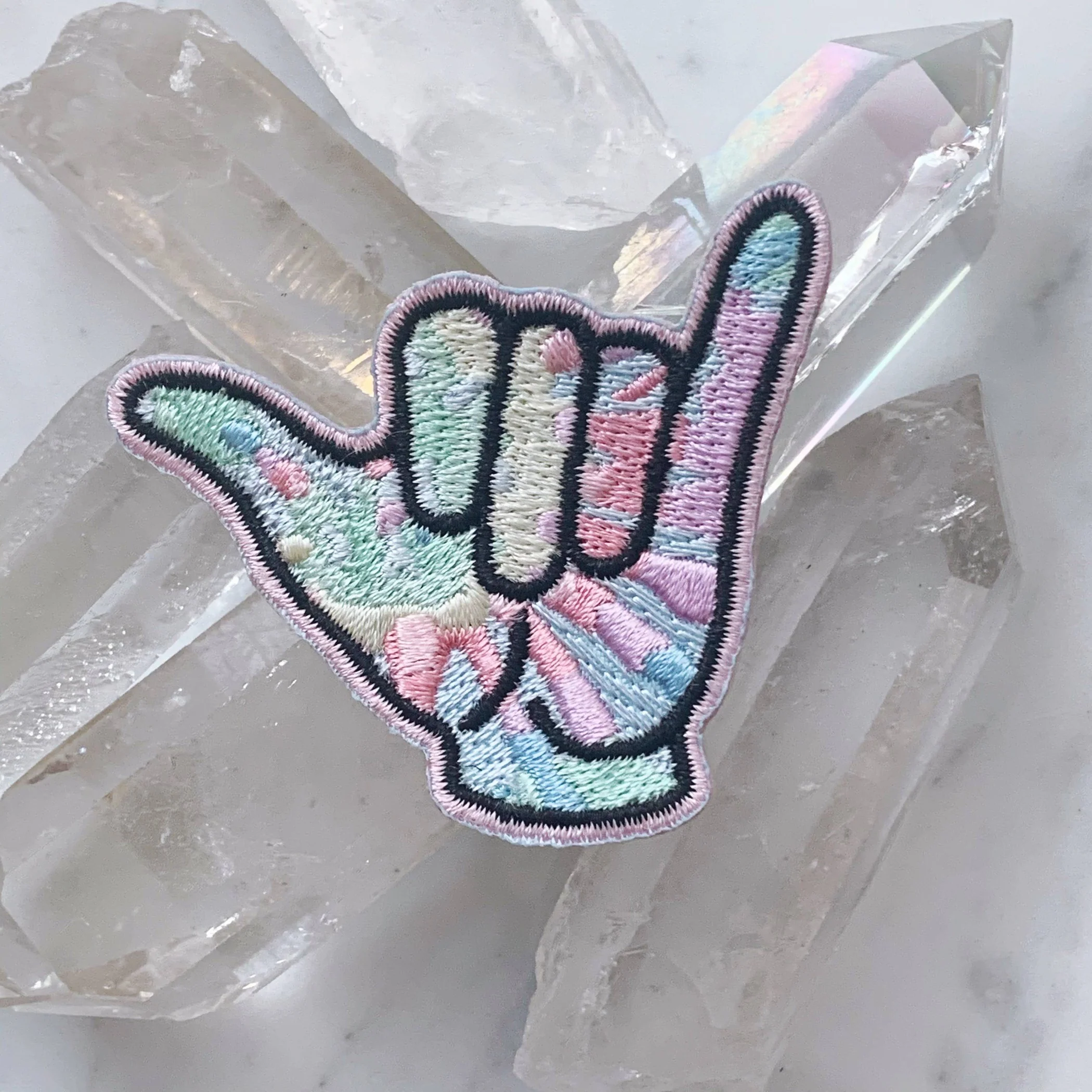 Hang Loose Hand Tie Dye Patch | Embroidered Cool Greeting Good Vibes Hand Sign - Image 3