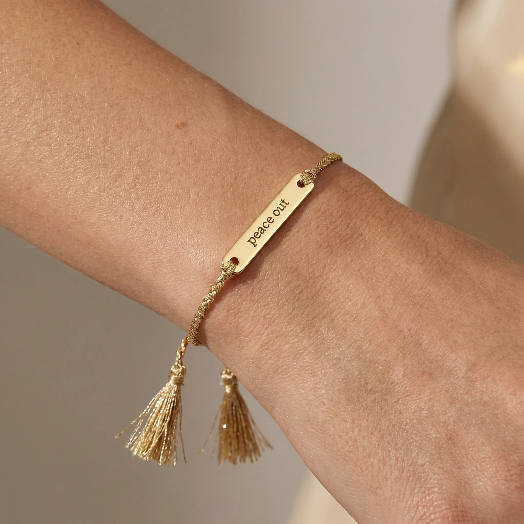 Peace Out Stamped Brass Bar Woven Thread Bracelet | In a Giftable Glass Jar with Cork Lid - Image 4