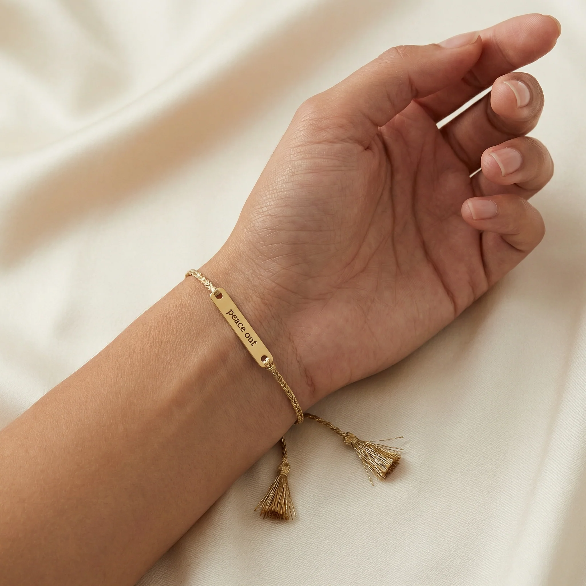Peace Out Stamped Brass Bar Woven Thread Bracelet | In a Giftable Glass Jar with Cork Lid - Image 6