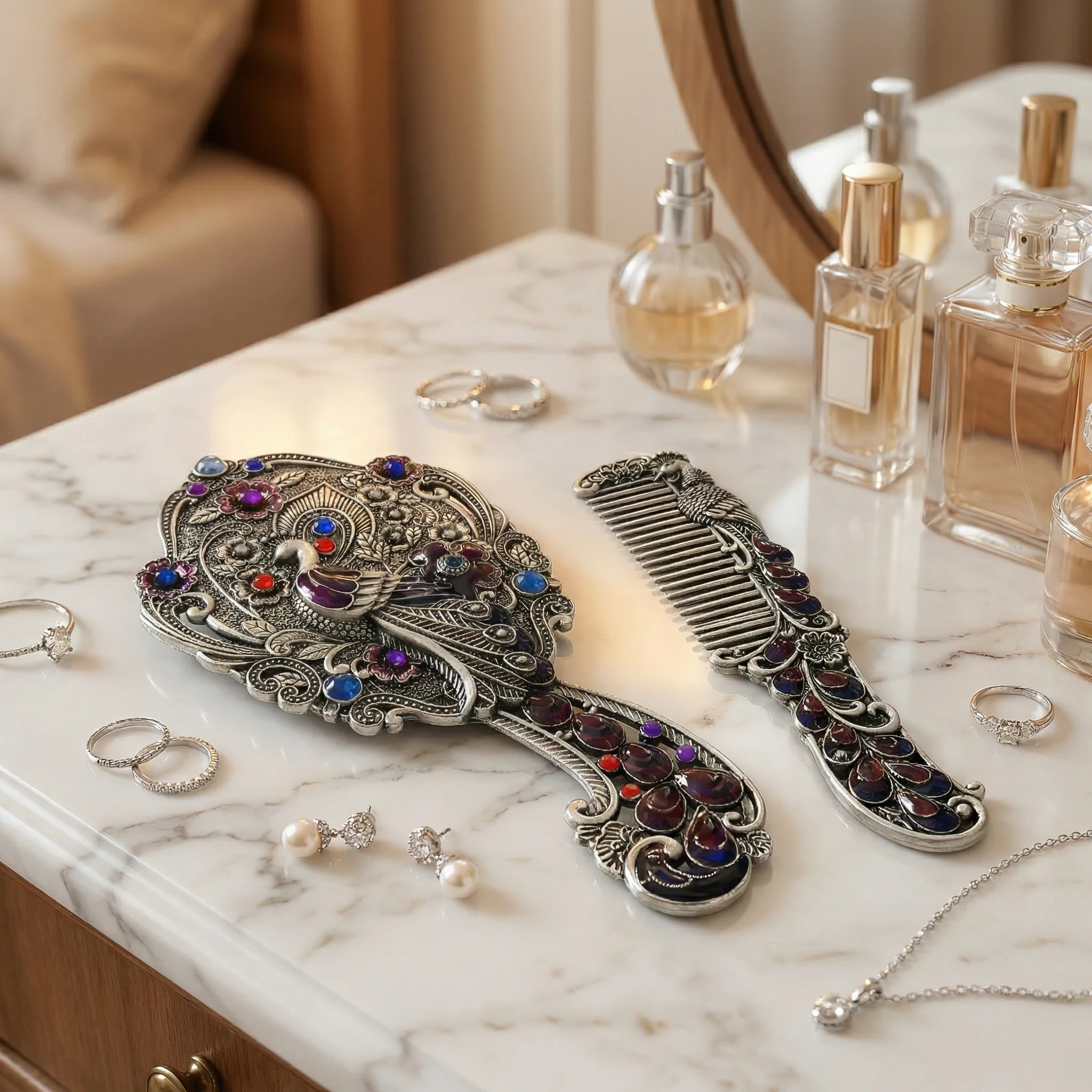 Peacock Mirror and Comb Set | Metal Vanity Gift Set in Silver Bronze or Gold | Red Gift Box